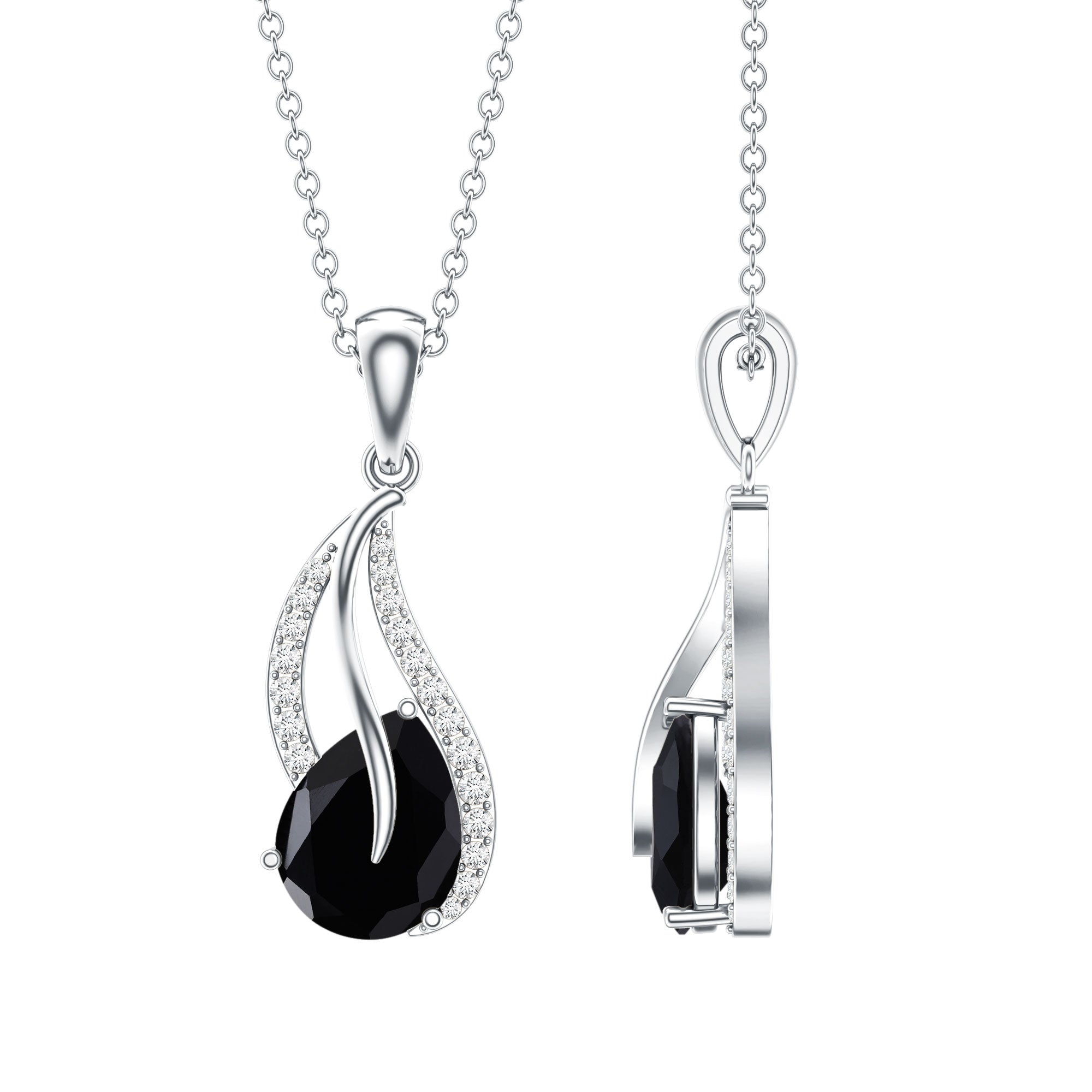Pear Shaped Black Onyx and Diamond Leaf Pendant Necklace AAA - Rosec Jewels