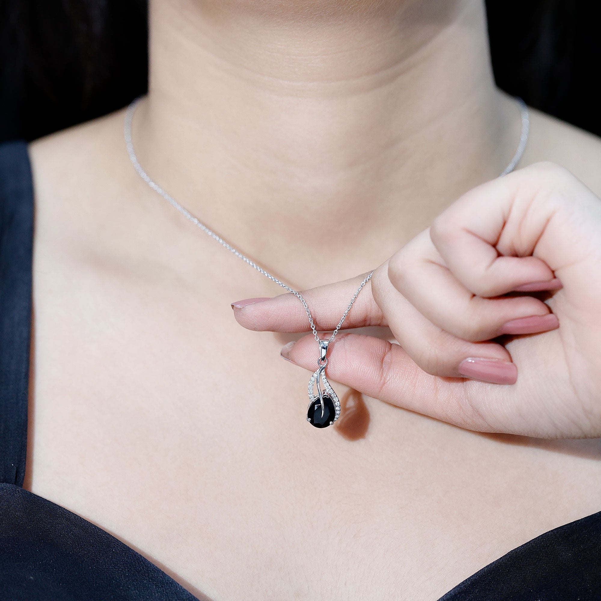 Pear Shaped Black Onyx and Diamond Leaf Pendant Necklace AAA - Rosec Jewels