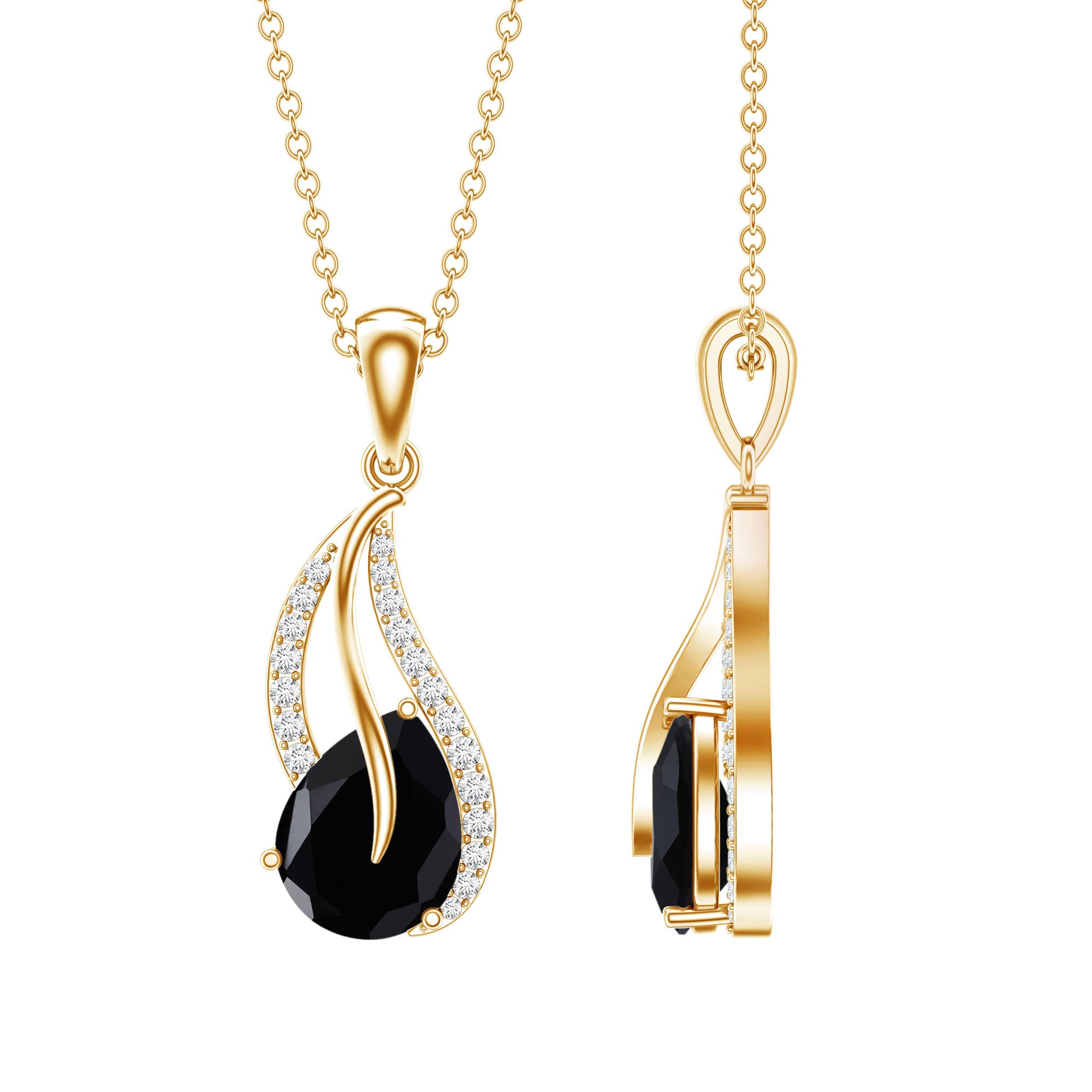 Pear Shaped Black Onyx and Diamond Leaf Pendant Necklace AAA - Rosec Jewels
