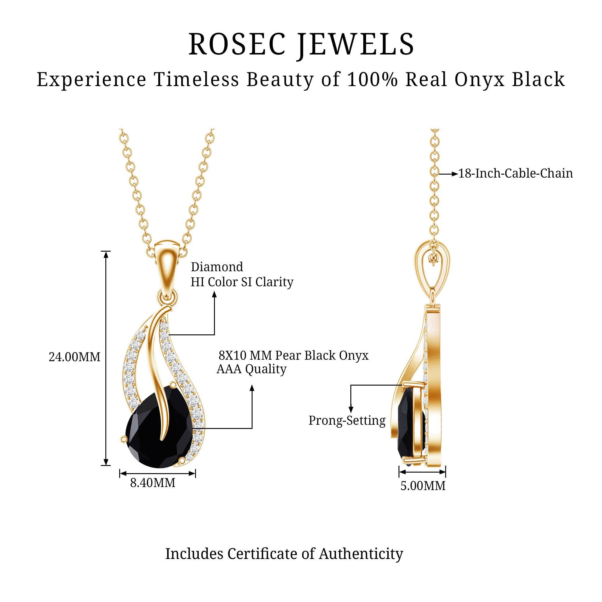 Pear Shaped Black Onyx and Diamond Leaf Pendant Necklace AAA - Rosec Jewels