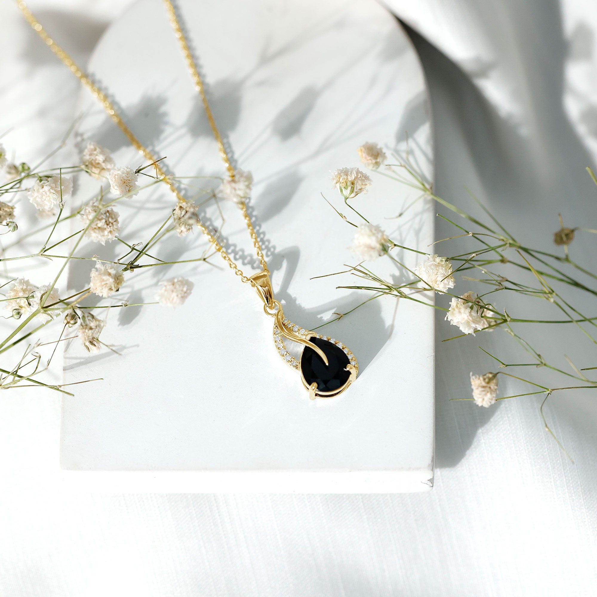 Pear Shaped Black Onyx and Diamond Leaf Pendant Necklace AAA - Rosec Jewels