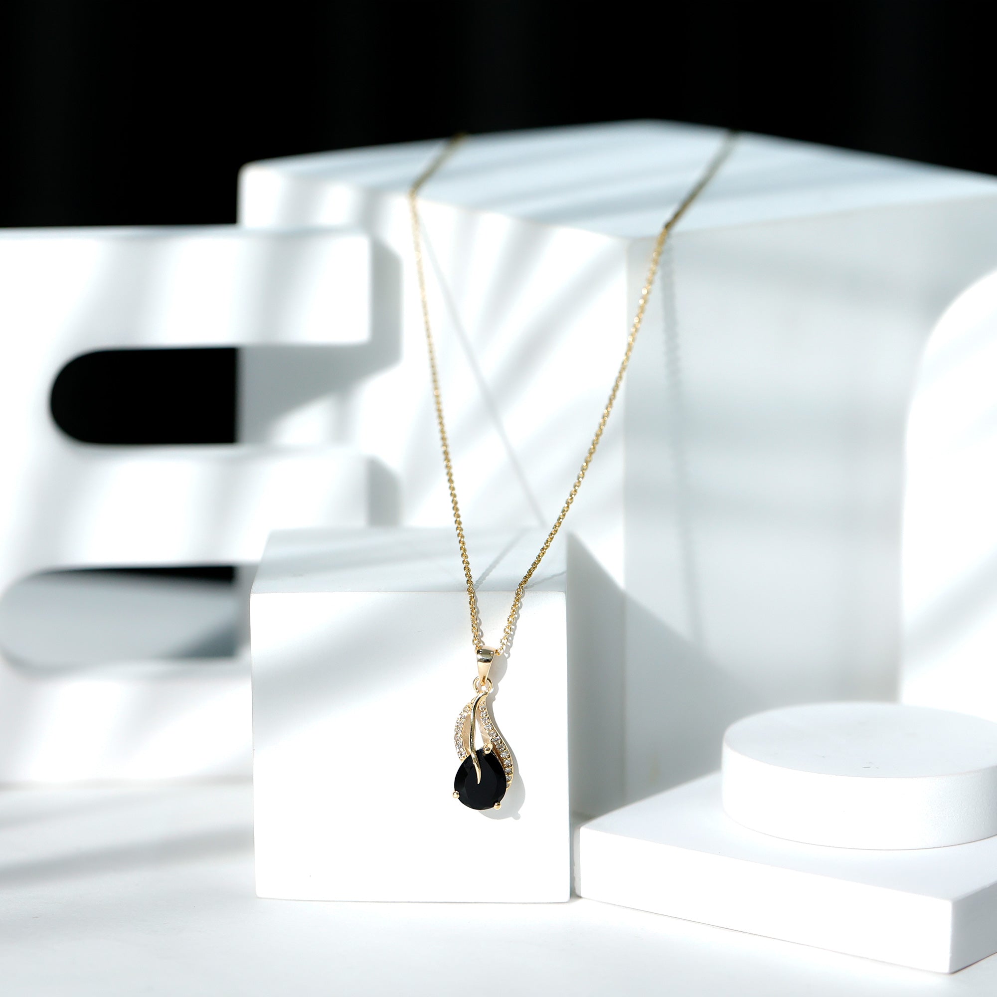 Pear Shaped Black Onyx and Diamond Leaf Pendant Necklace AAA - Rosec Jewels