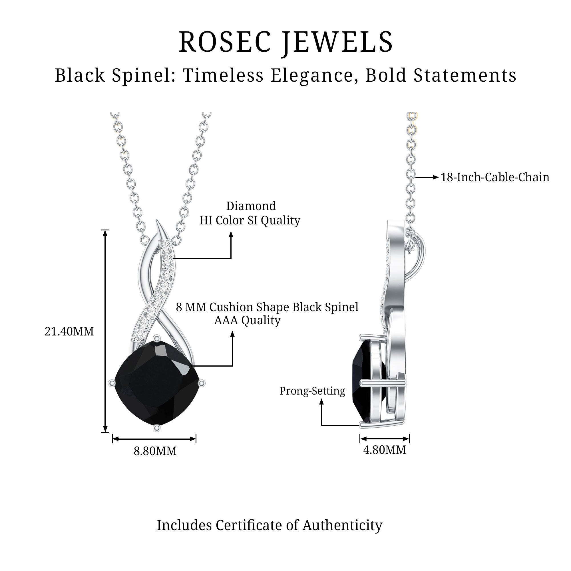 2 Carat Cushion Cut Black Spinel and Diamond Infinity Necklace AAA - Rosec Jewels