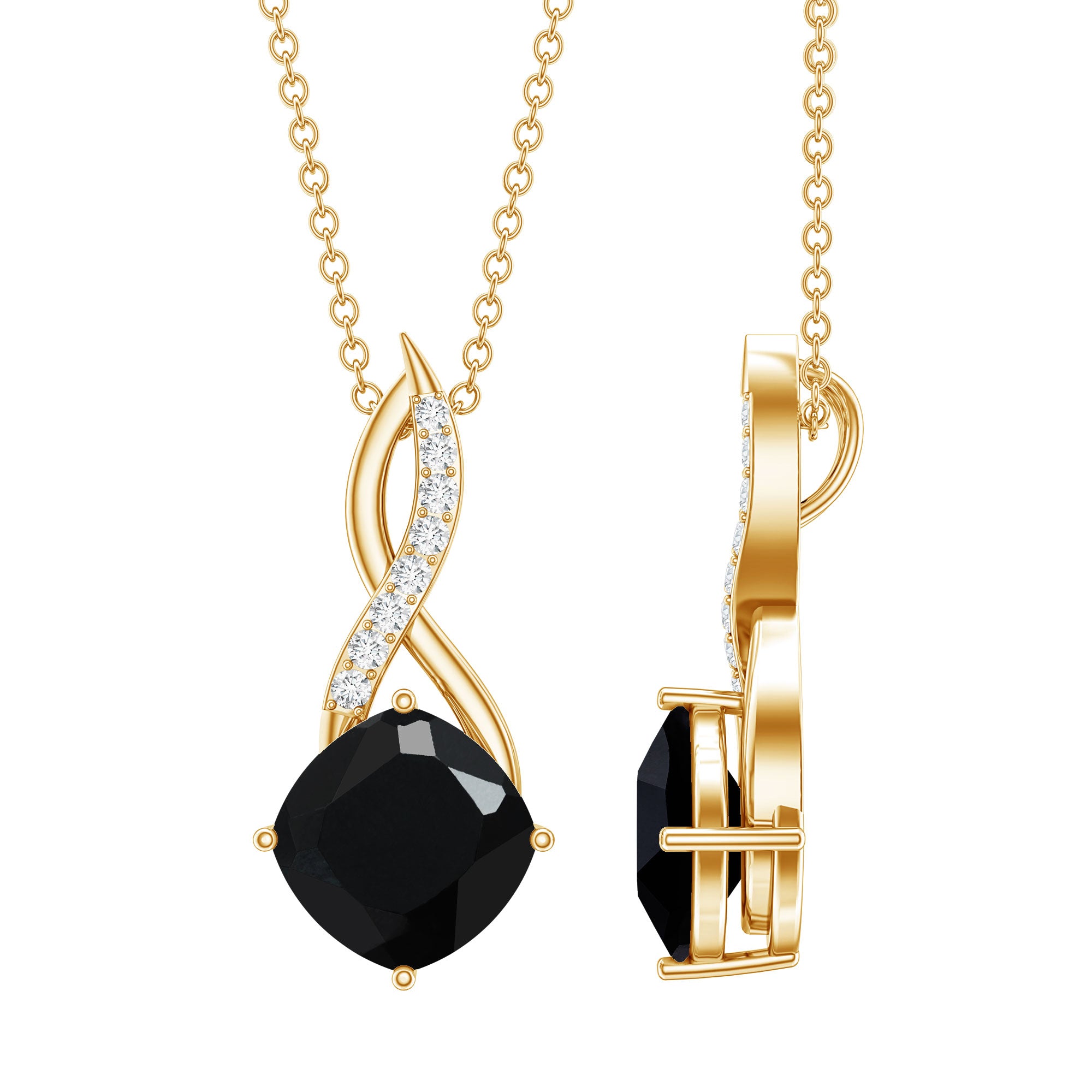 2 Carat Cushion Cut Black Spinel and Diamond Infinity Necklace AAA - Rosec Jewels