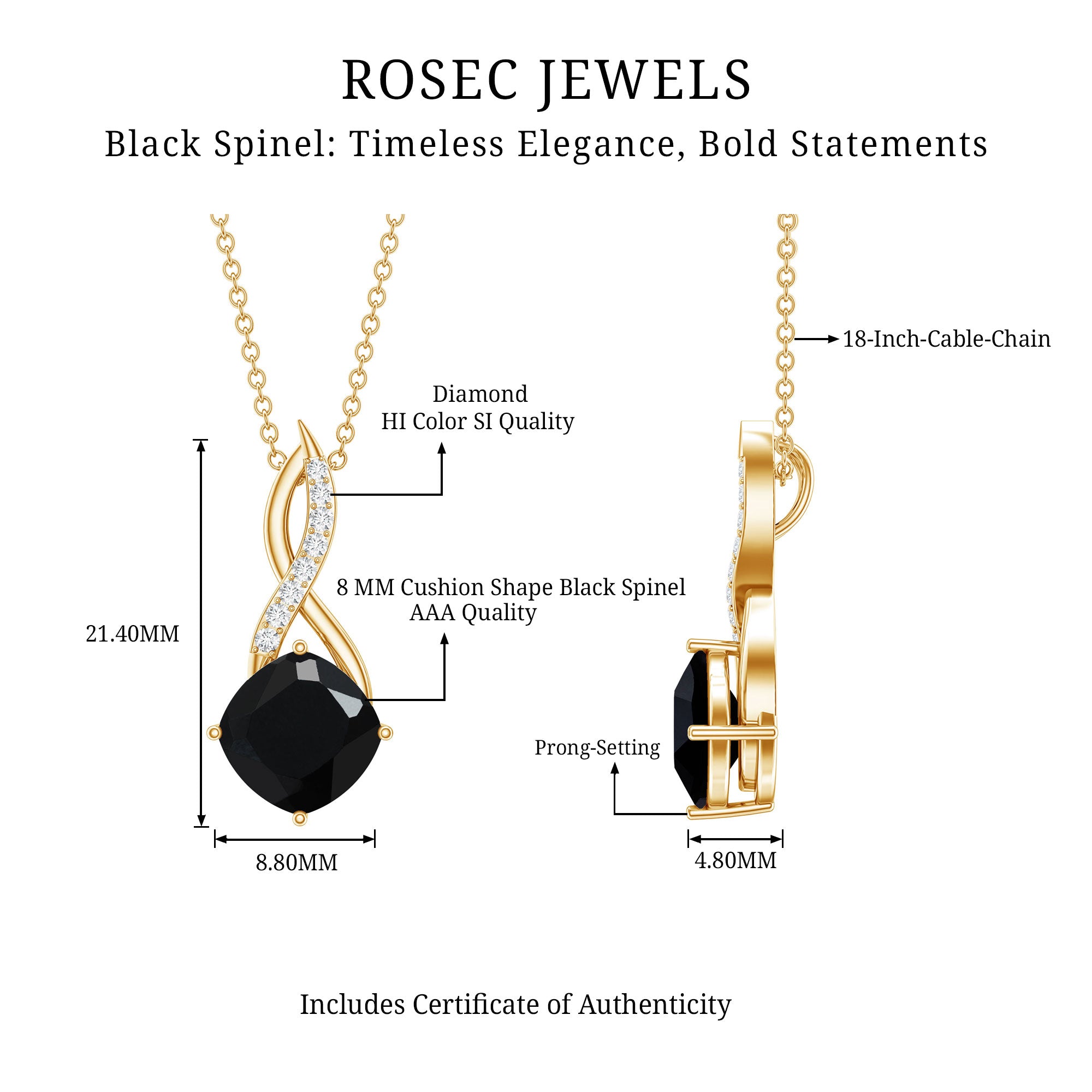 2 Carat Cushion Cut Black Spinel and Diamond Infinity Necklace AAA - Rosec Jewels
