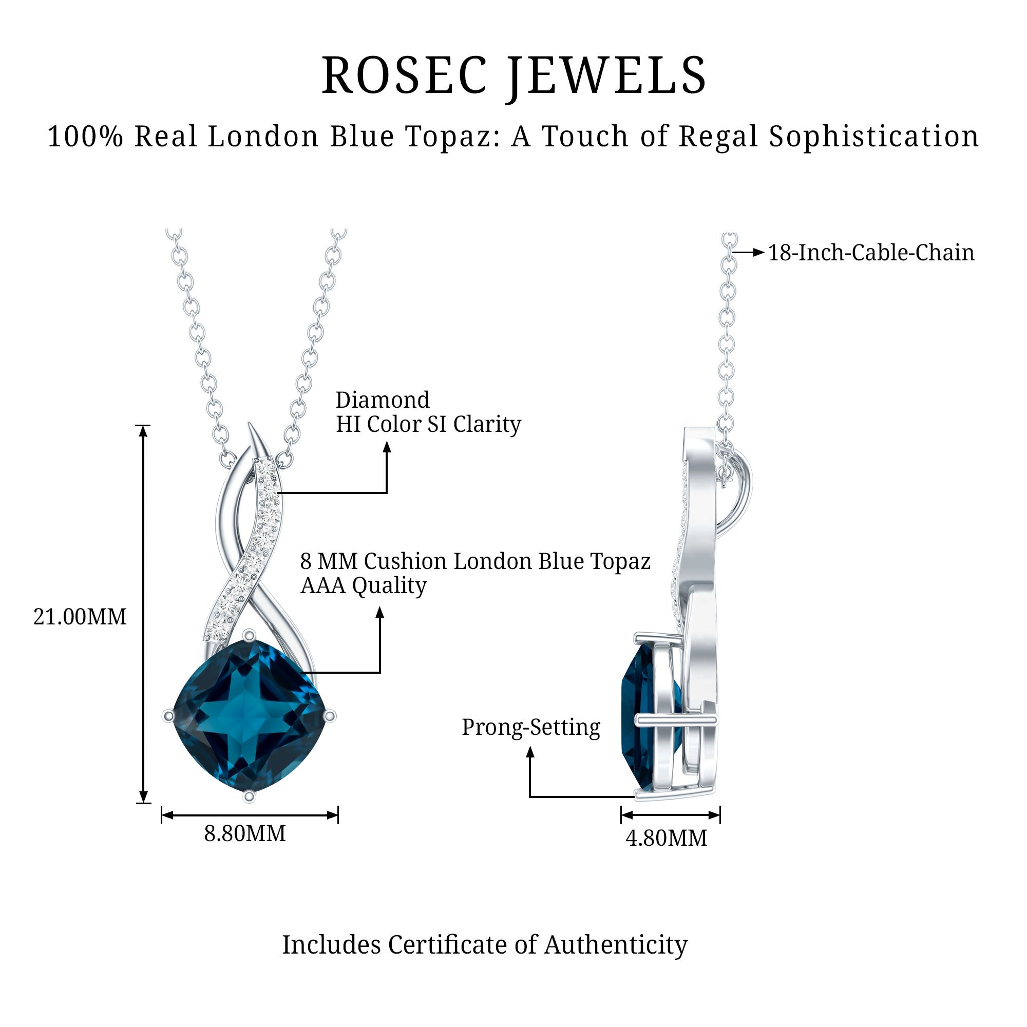 2.8 Carat Cushion Cut London Blue Topaz Infinity Pendant with Diamond AAA - Rosec Jewels