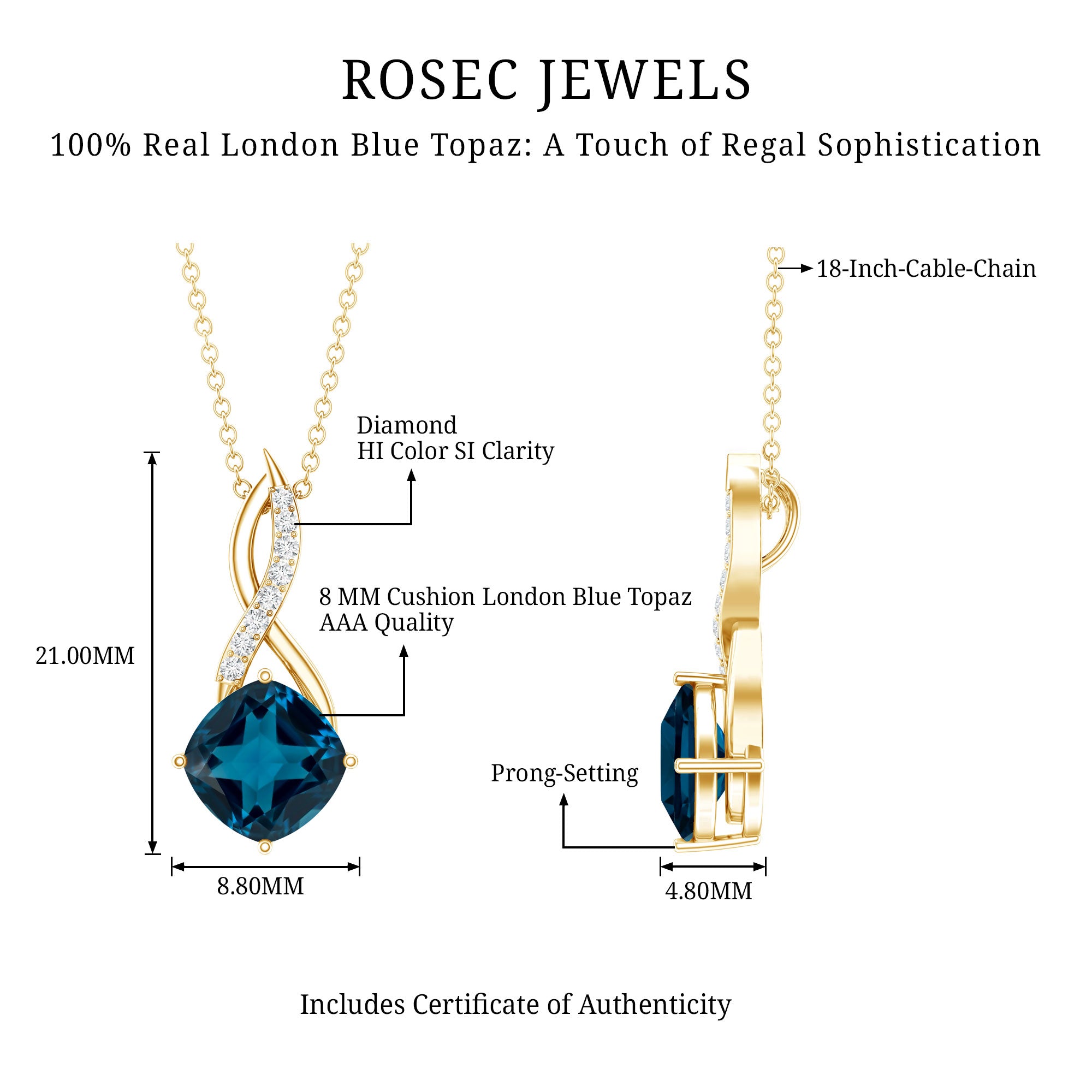 2.8 Carat Cushion Cut London Blue Topaz Infinity Pendant with Diamond AAA - Rosec Jewels