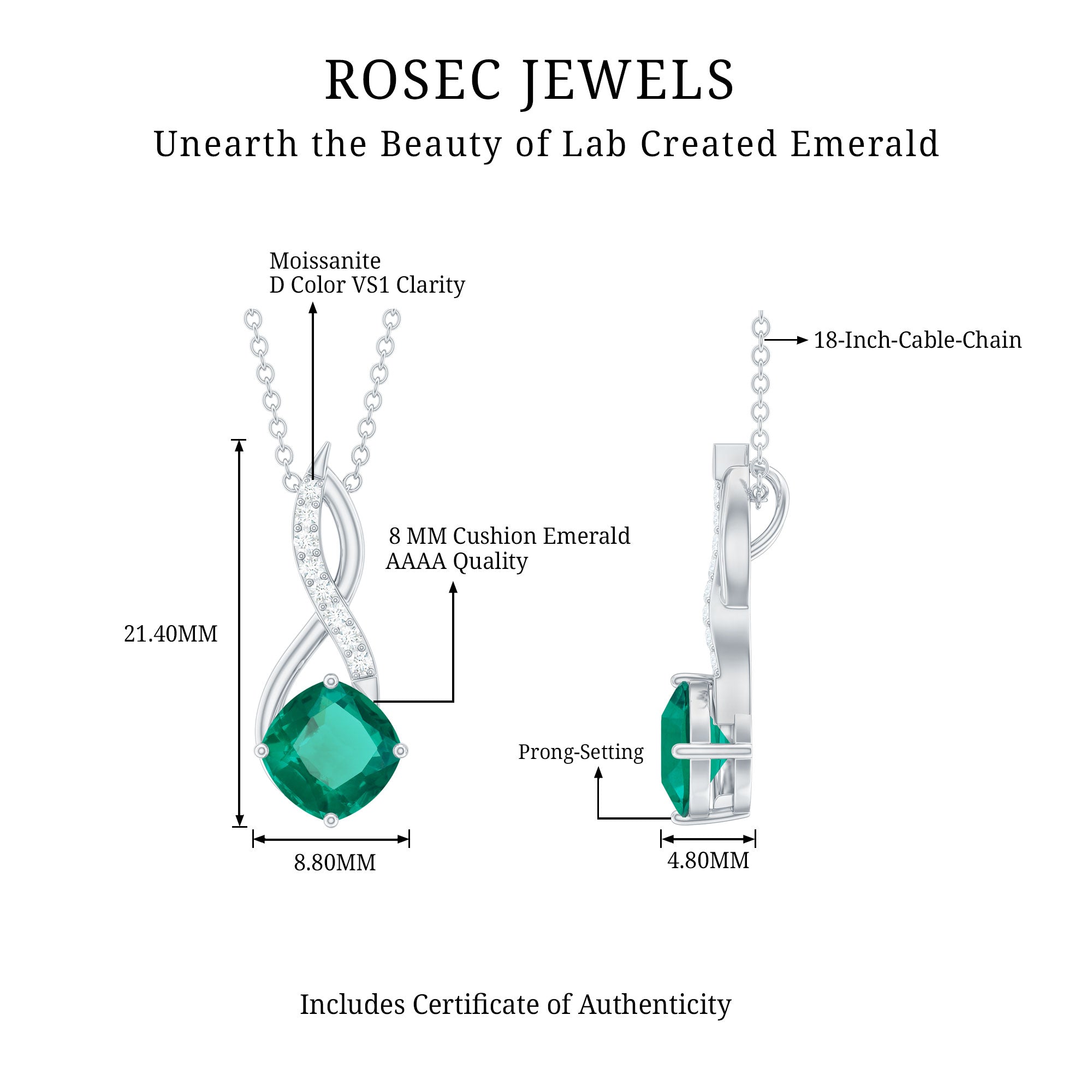 Certified Lab Created Emerald Infinity Necklace with Moissanite AAAA - Rosec Jewels