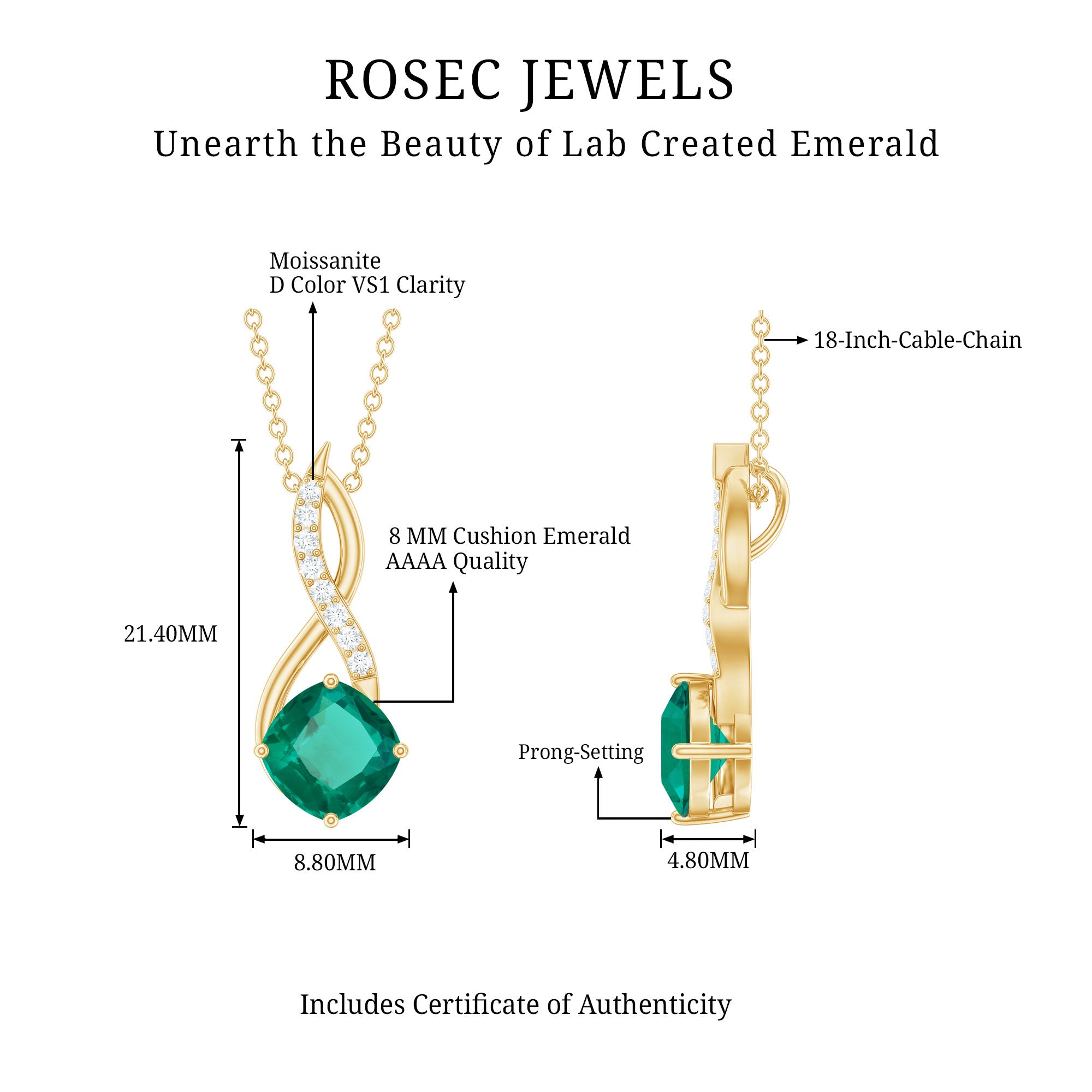 Certified Lab Created Emerald Infinity Necklace with Moissanite AAAA - Rosec Jewels