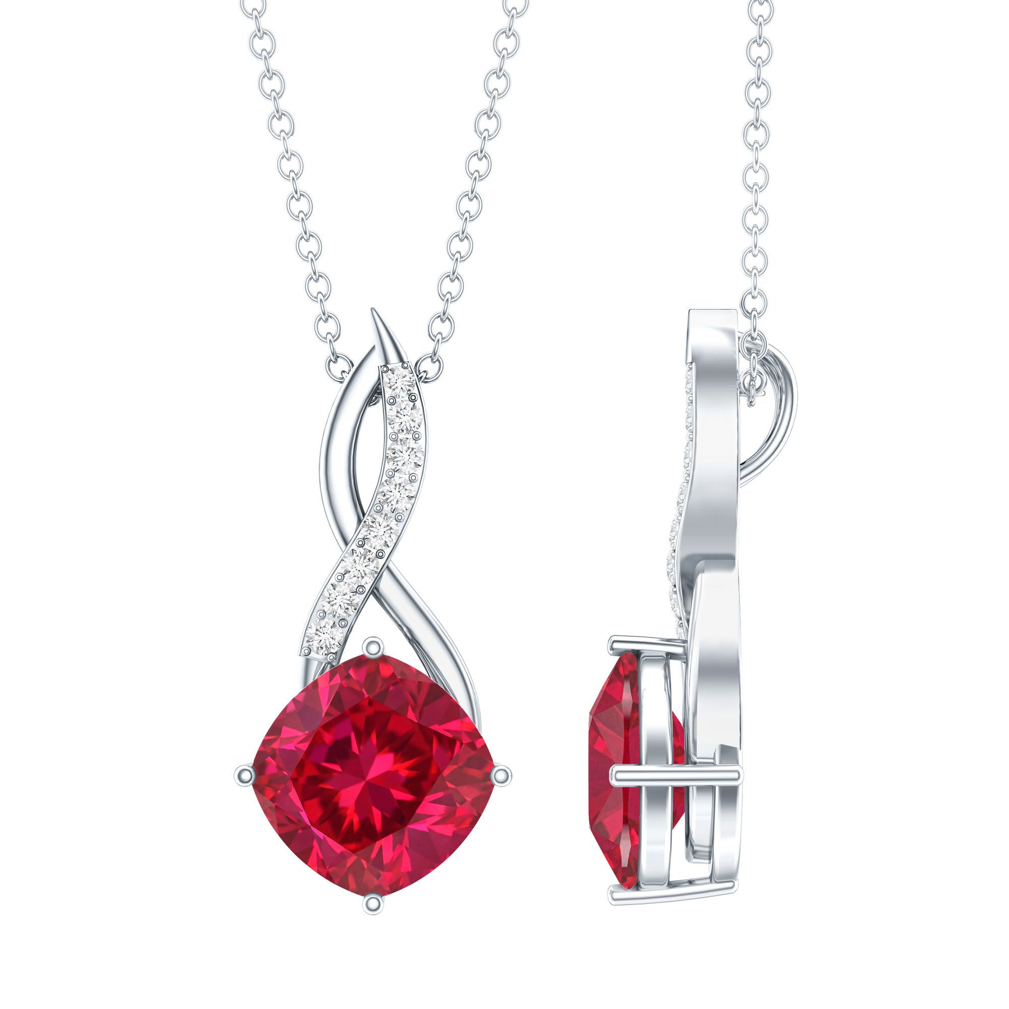 Cushion Cut Created Ruby Solitaire Infinity Pendant with Diamond AAAA - Rosec Jewels