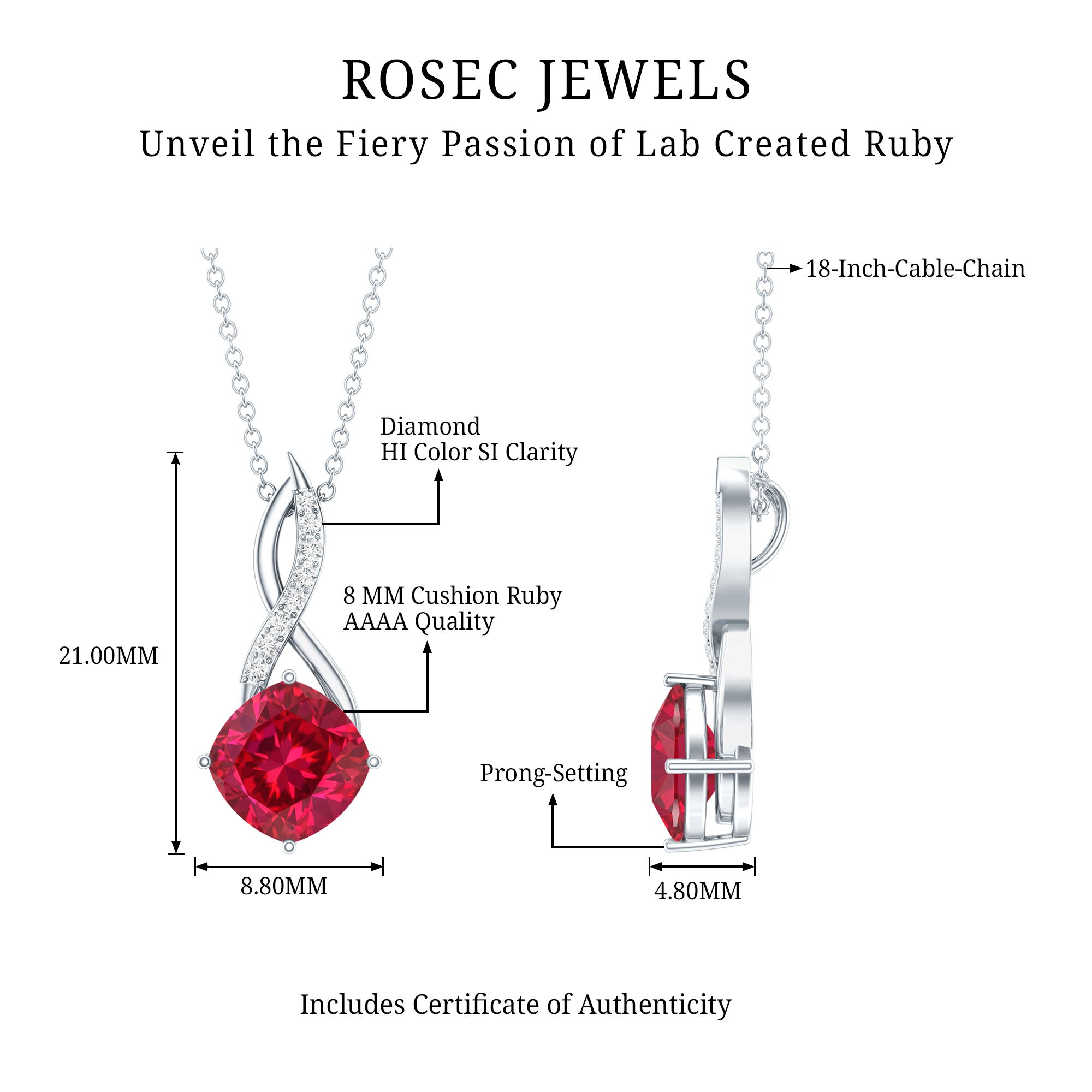 Cushion Cut Created Ruby Solitaire Infinity Pendant with Diamond AAAA - Rosec Jewels