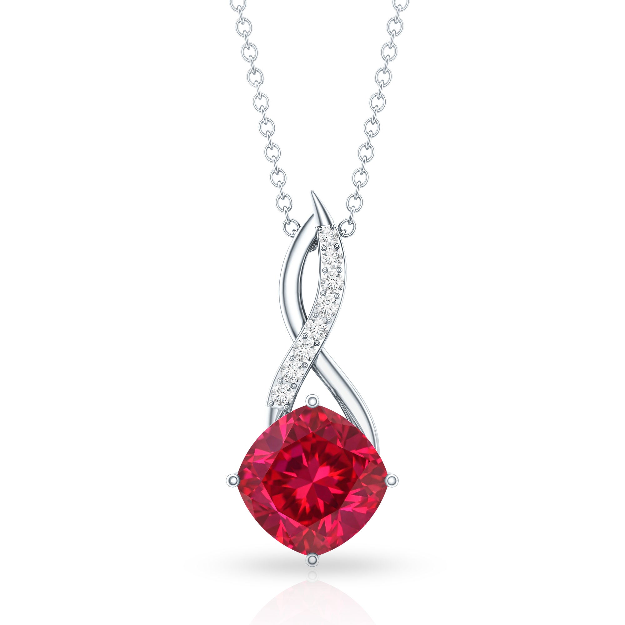 Cushion Cut Created Ruby Solitaire Infinity Pendant with Diamond AAAA - Rosec Jewels