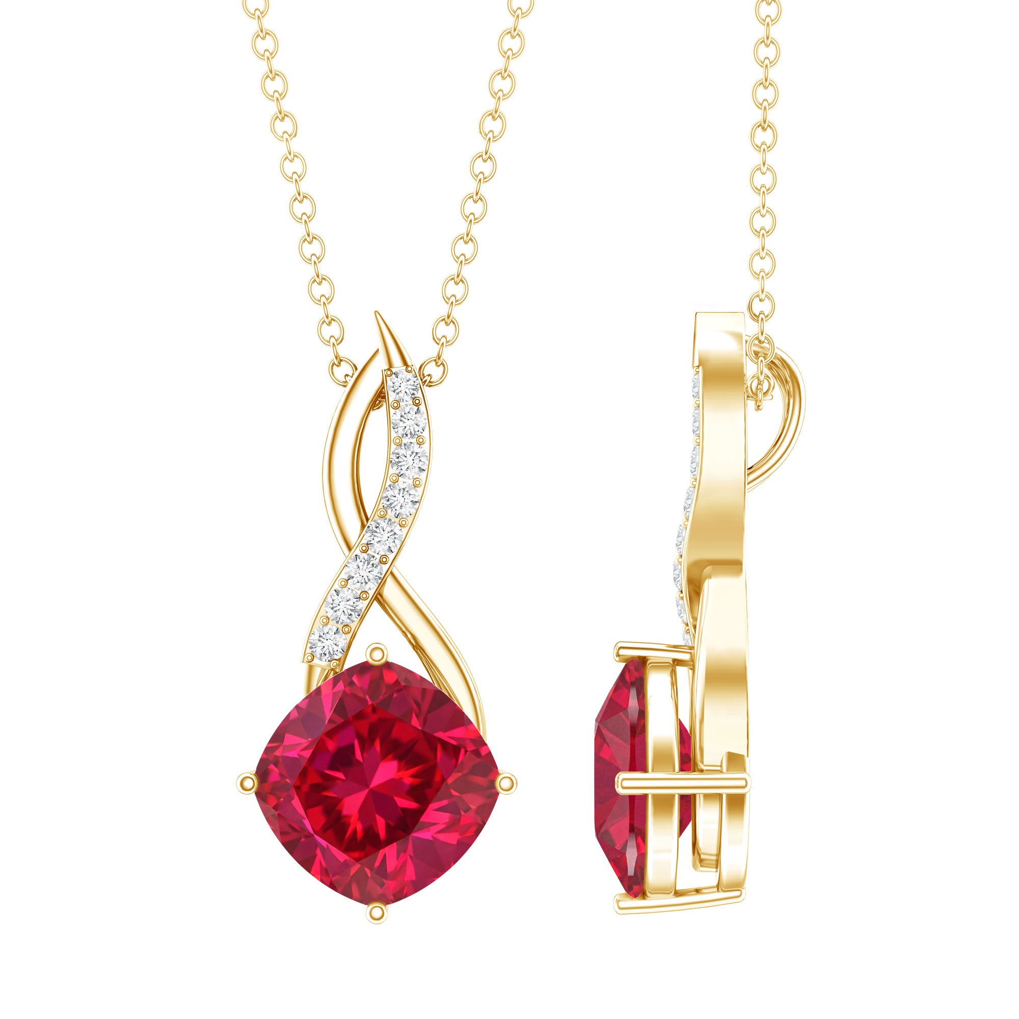 Cushion Cut Created Ruby Solitaire Infinity Pendant with Diamond AAAA - Rosec Jewels