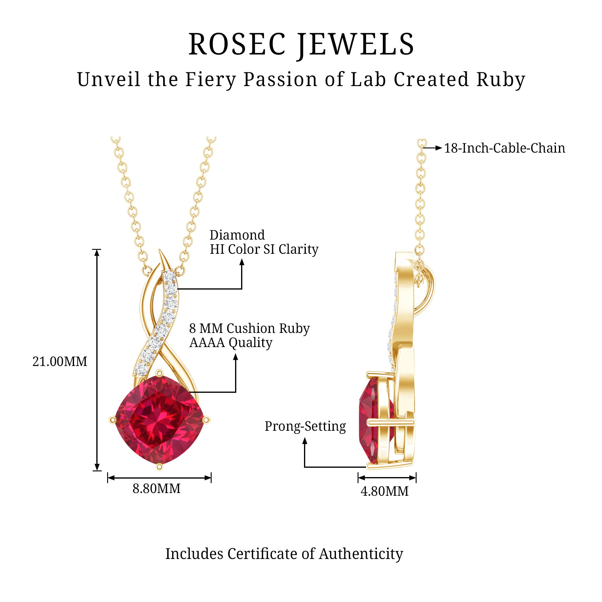 Cushion Cut Created Ruby Solitaire Infinity Pendant with Diamond AAAA - Rosec Jewels