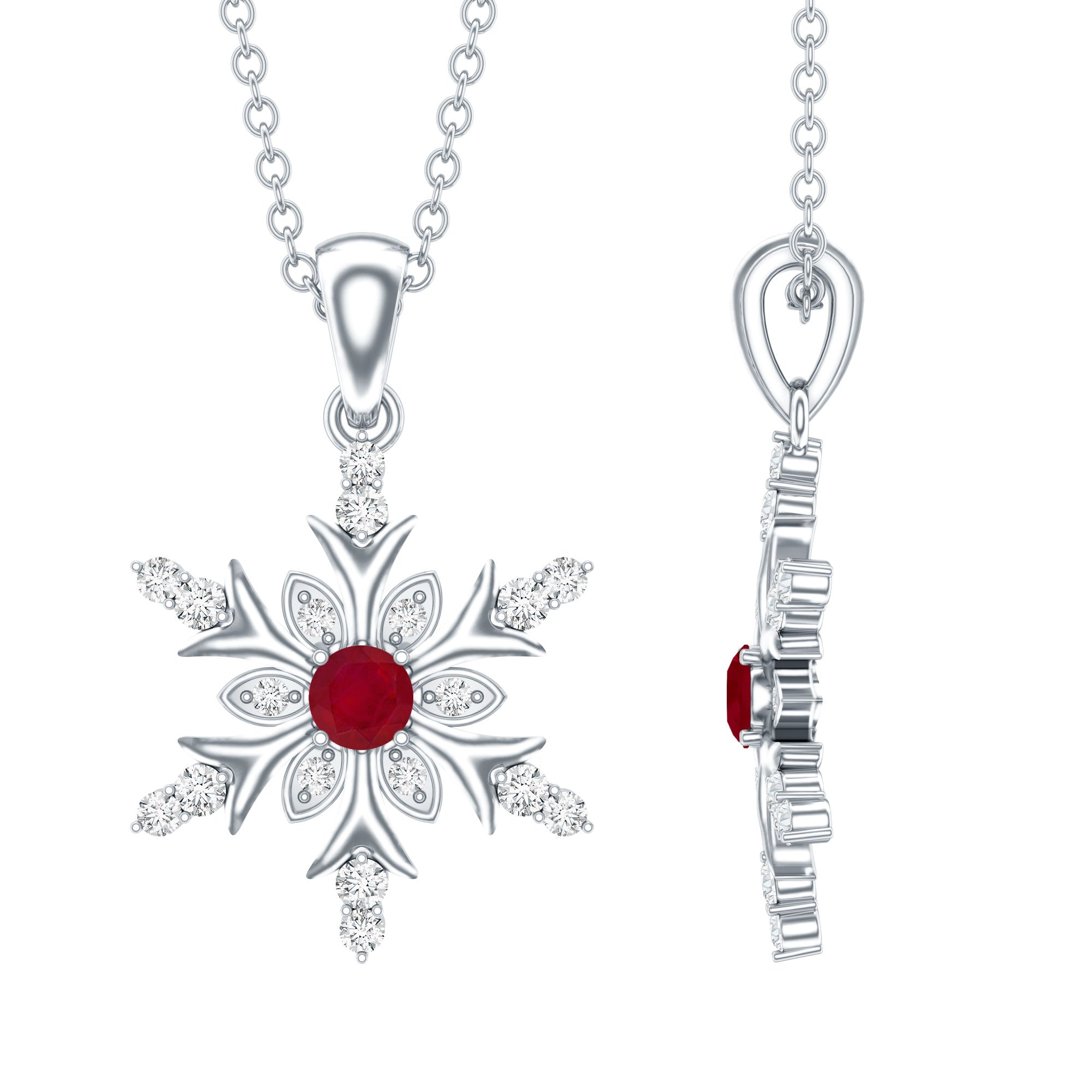 Natural Ruby and Diamond Snowflake Pendant Necklace AAA - Rosec Jewels