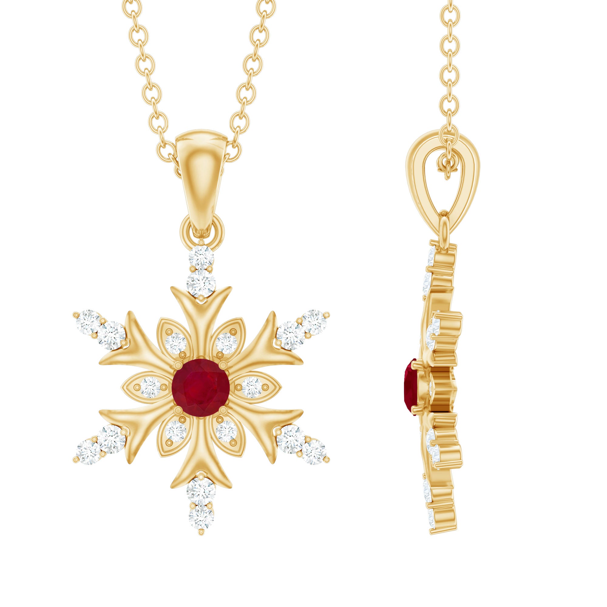 Natural Ruby and Diamond Snowflake Pendant Necklace AAA - Rosec Jewels