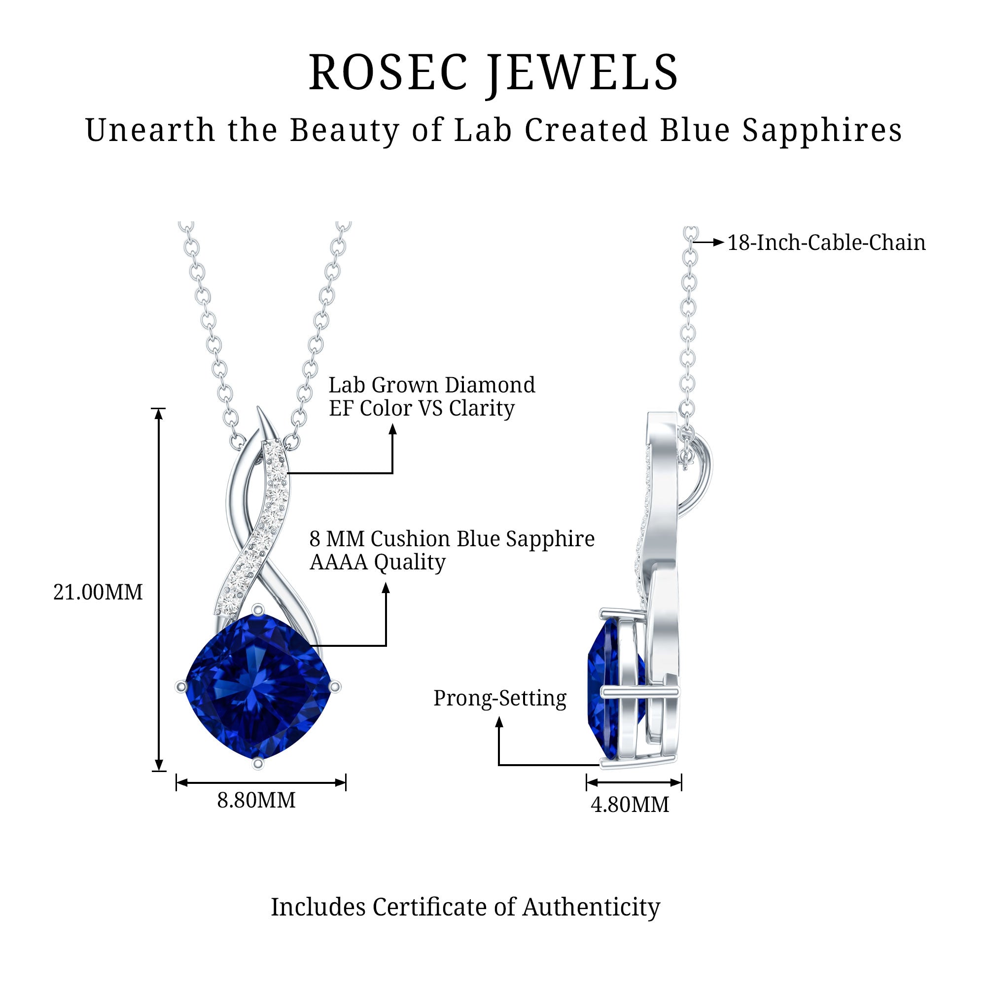 2.7 Carat Cushion Cut Lab Created Blue Sapphire Diamond Infinity Necklace AAAA - Rosec Jewels