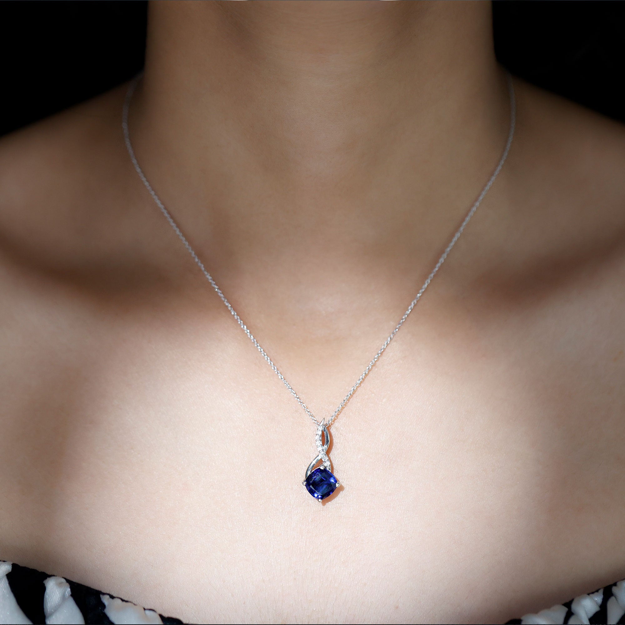 2.7 Carat Cushion Cut Lab Created Blue Sapphire Diamond Infinity Necklace AAAA - Rosec Jewels