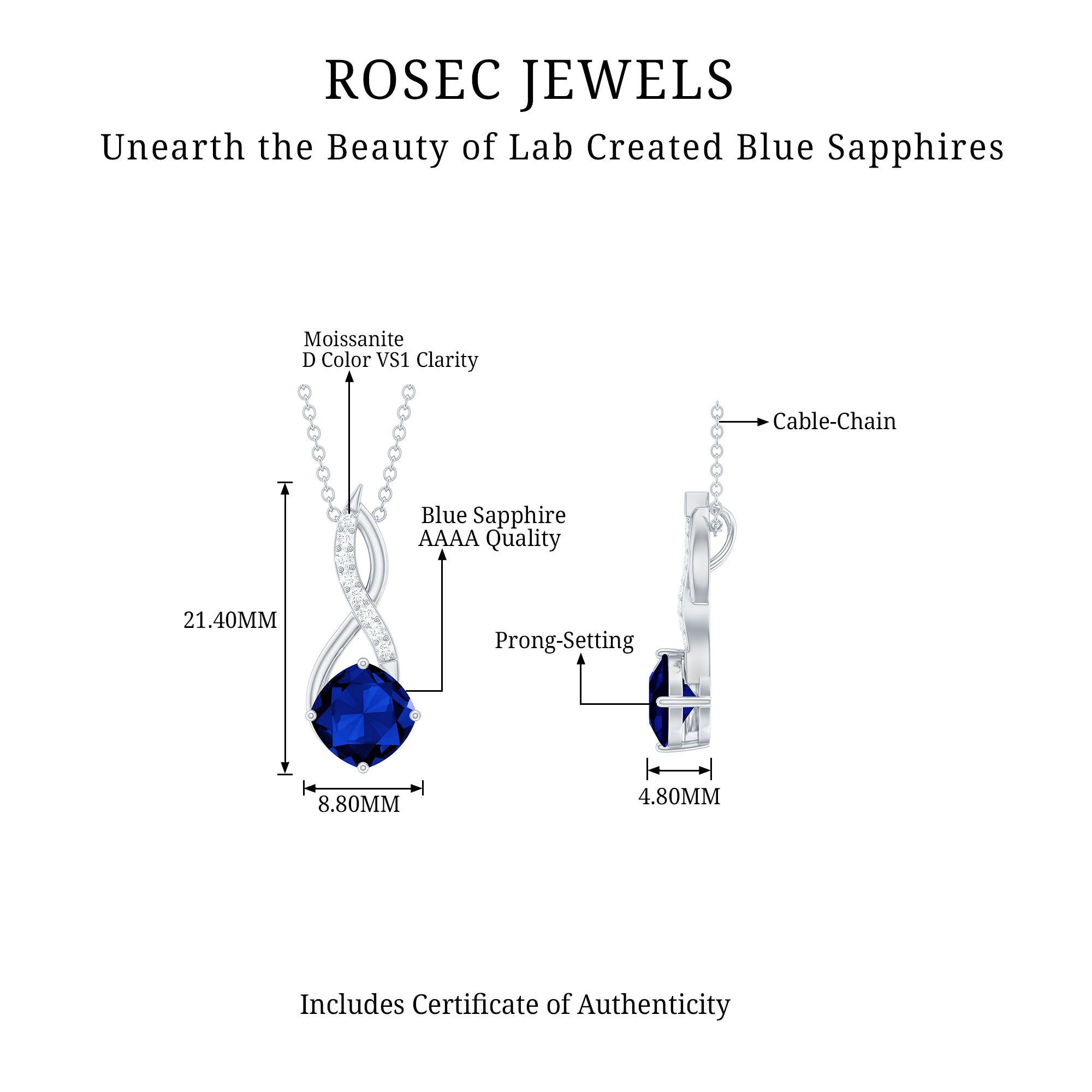 2.7 Carat Cushion Cut Lab Created Blue Sapphire Diamond Infinity Necklace AAAA - Rosec Jewels