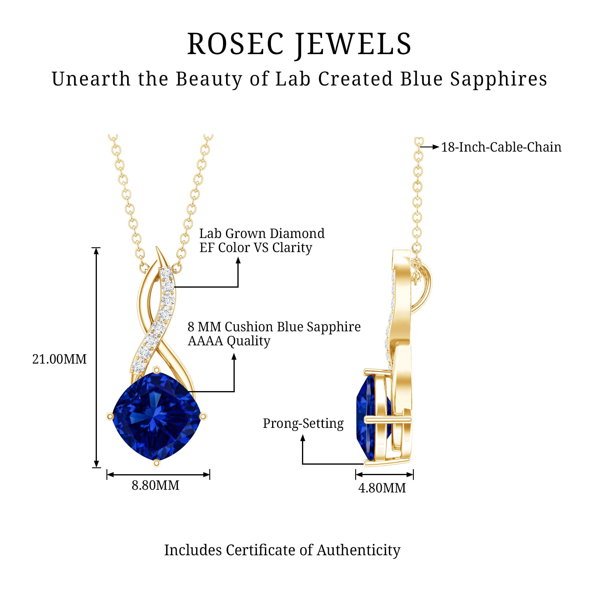 2.7 Carat Cushion Cut Lab Created Blue Sapphire Diamond Infinity Necklace AAAA - Rosec Jewels