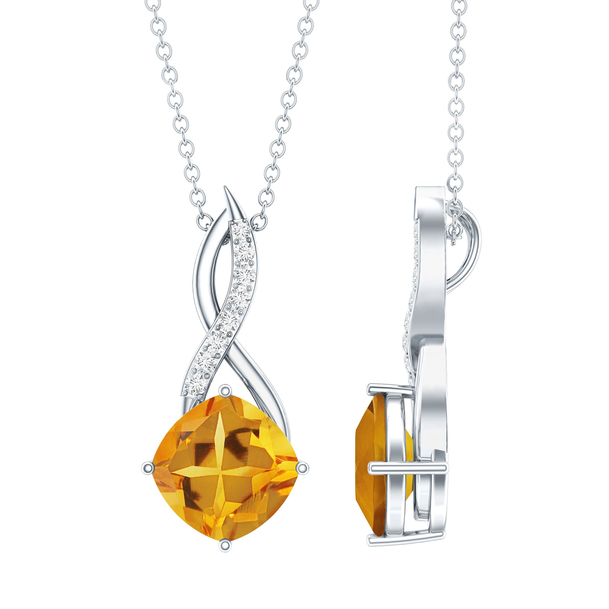 Natural 2.23 Carat Cushion Cut Citrine Infinity Pendant Necklace with Diamond AAA - Rosec Jewels