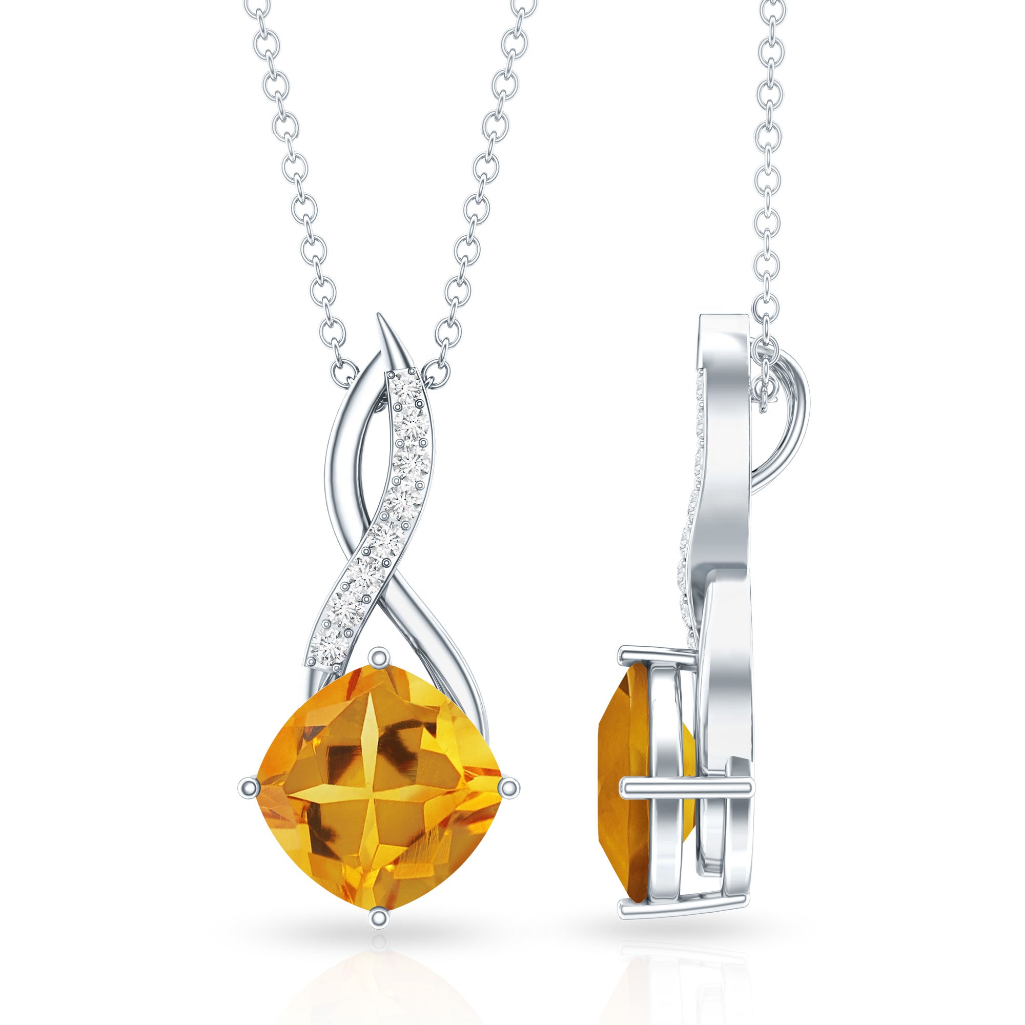 Natural 2.23 Carat Cushion Cut Citrine Infinity Pendant Necklace with Diamond AAA - Rosec Jewels
