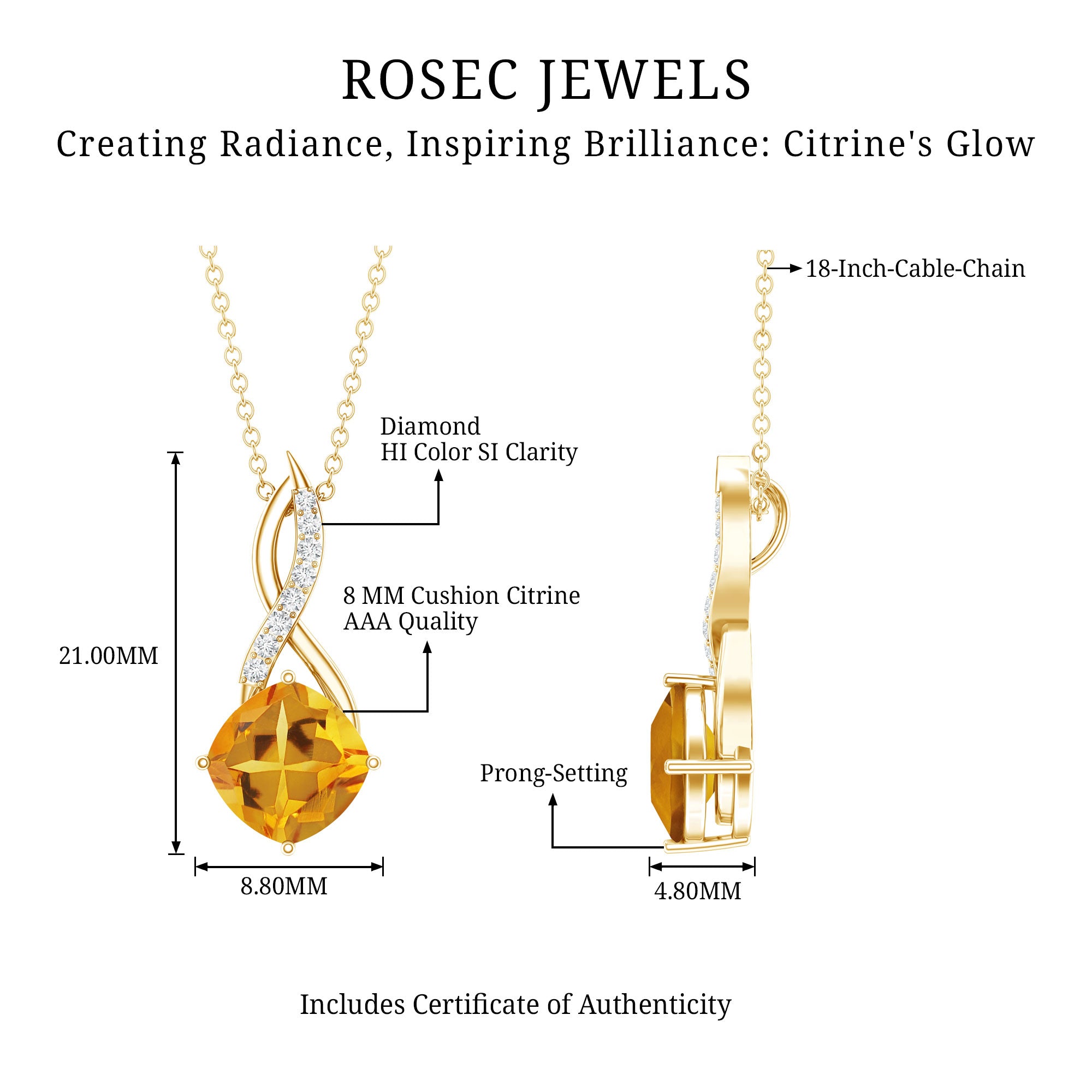 Natural 2.23 Carat Cushion Cut Citrine Infinity Pendant Necklace with Diamond AAA - Rosec Jewels