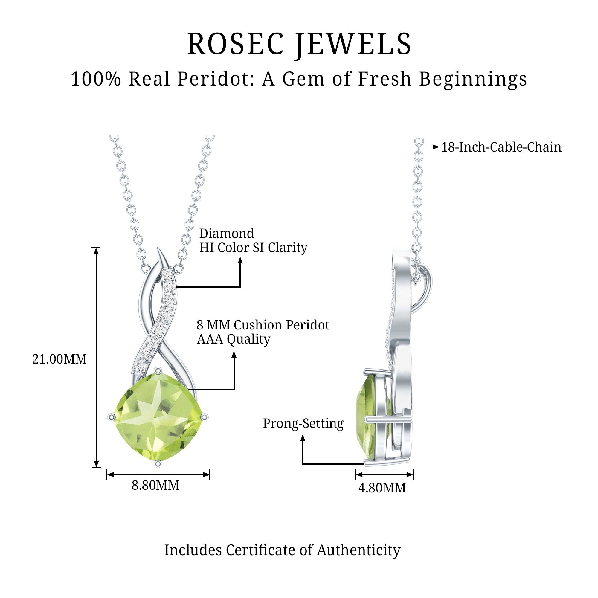 2 Carat Cushion Cut Peridot and Diamond Infinity Necklace AAA - Rosec Jewels