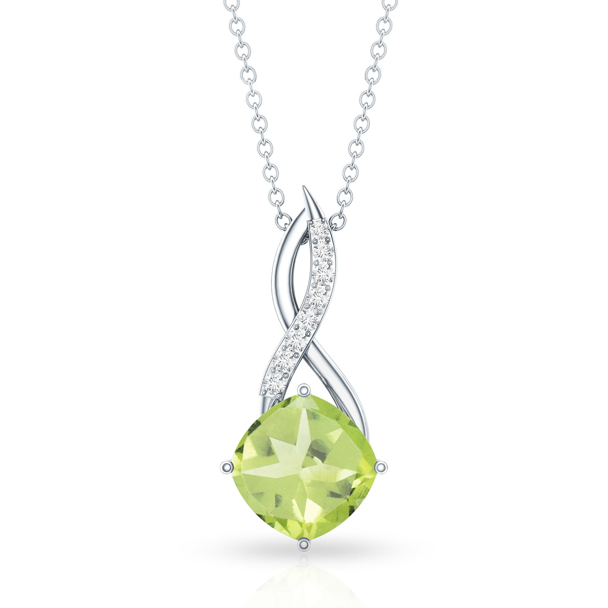 2 Carat Cushion Cut Peridot and Diamond Infinity Necklace AAA - Rosec Jewels