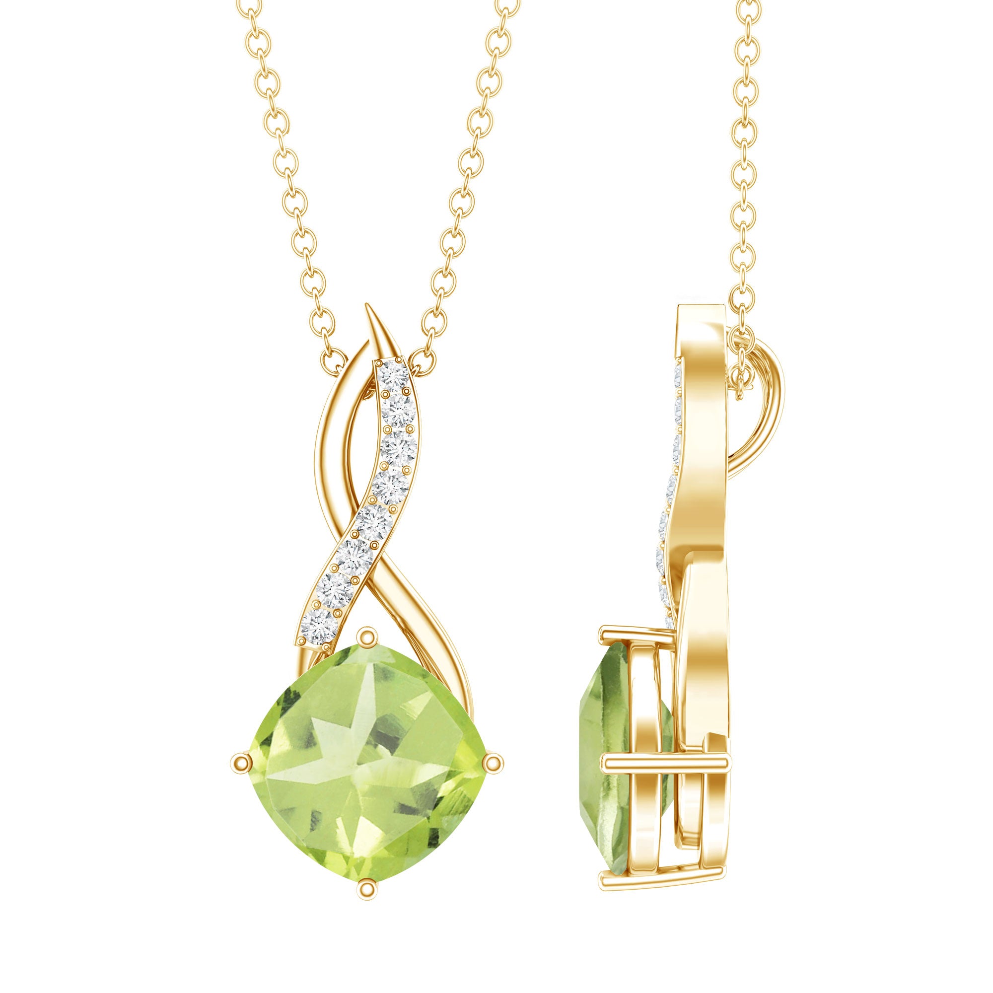 2 Carat Cushion Cut Peridot and Diamond Infinity Necklace AAA - Rosec Jewels