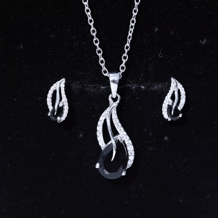 Pear Shaped Black Onyx Necklace and Earrings Set with Moissanite AAA - Rosec Jewels