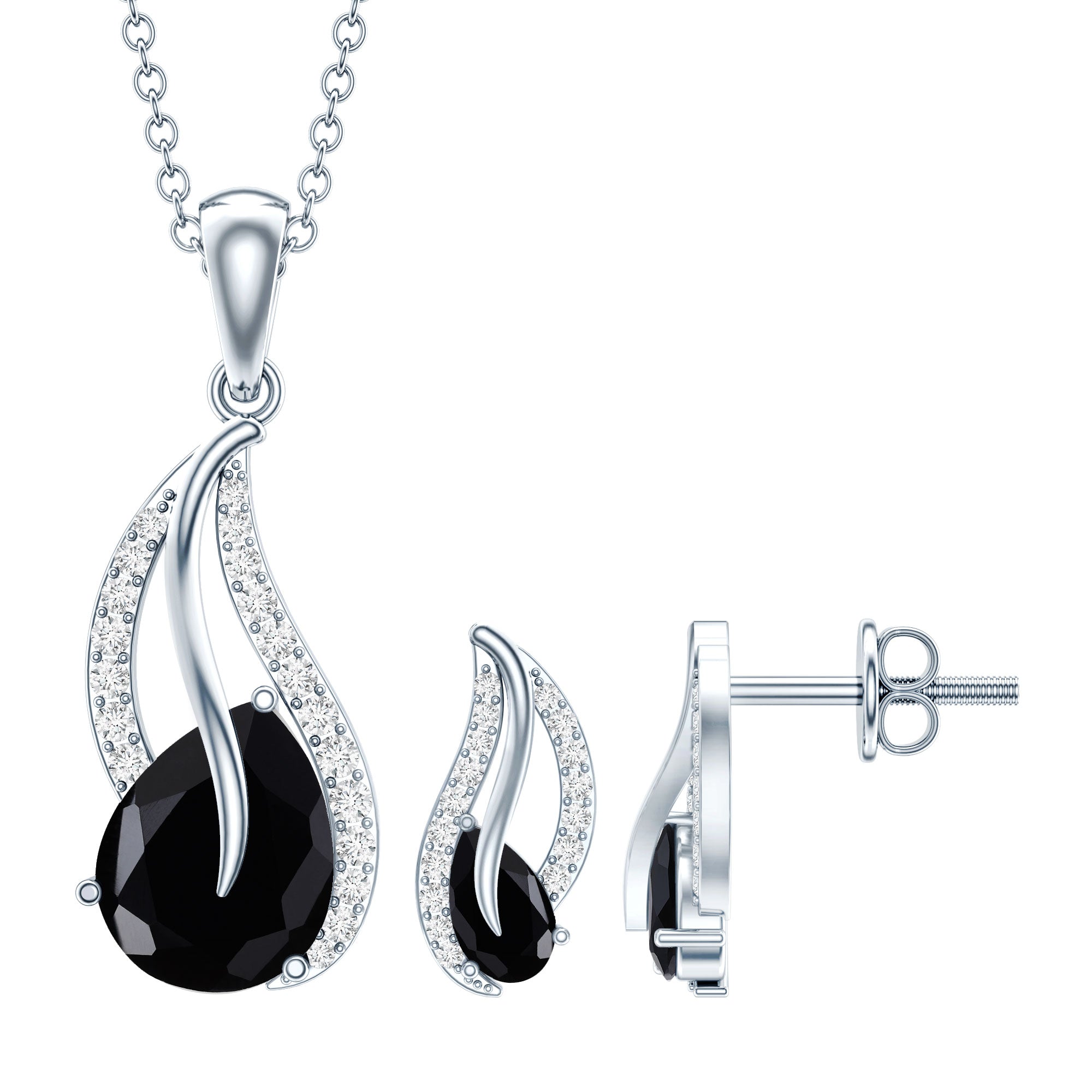 Real Black Onyx Earrings and Pendant Set with Moissanite AAA 92.5 Sterling Silver - Rosec Jewels