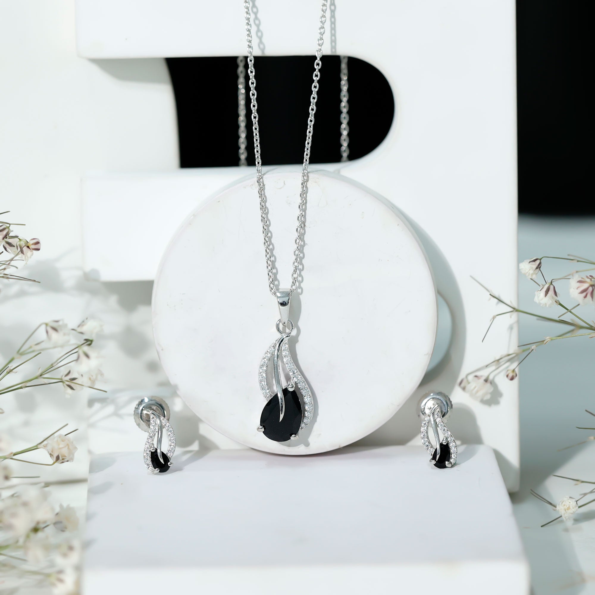 Pear Shaped Black Onyx Necklace and Earrings Set with Moissanite AAA - Rosec Jewels