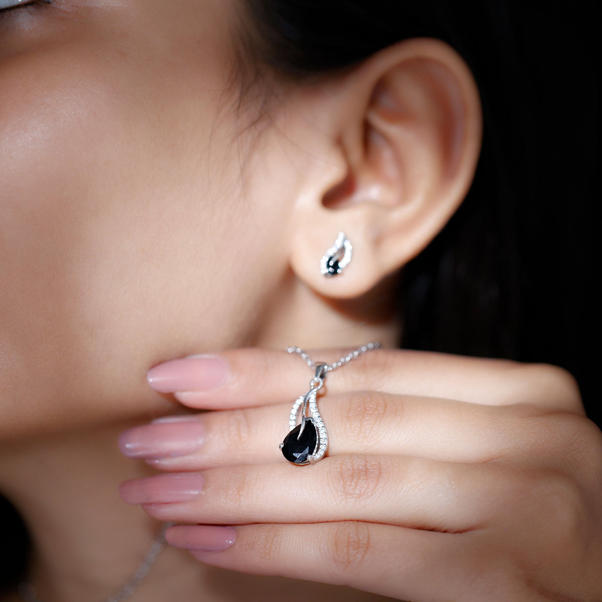 Pear Shaped Black Onyx Necklace and Earrings Set with Moissanite AAA - Rosec Jewels