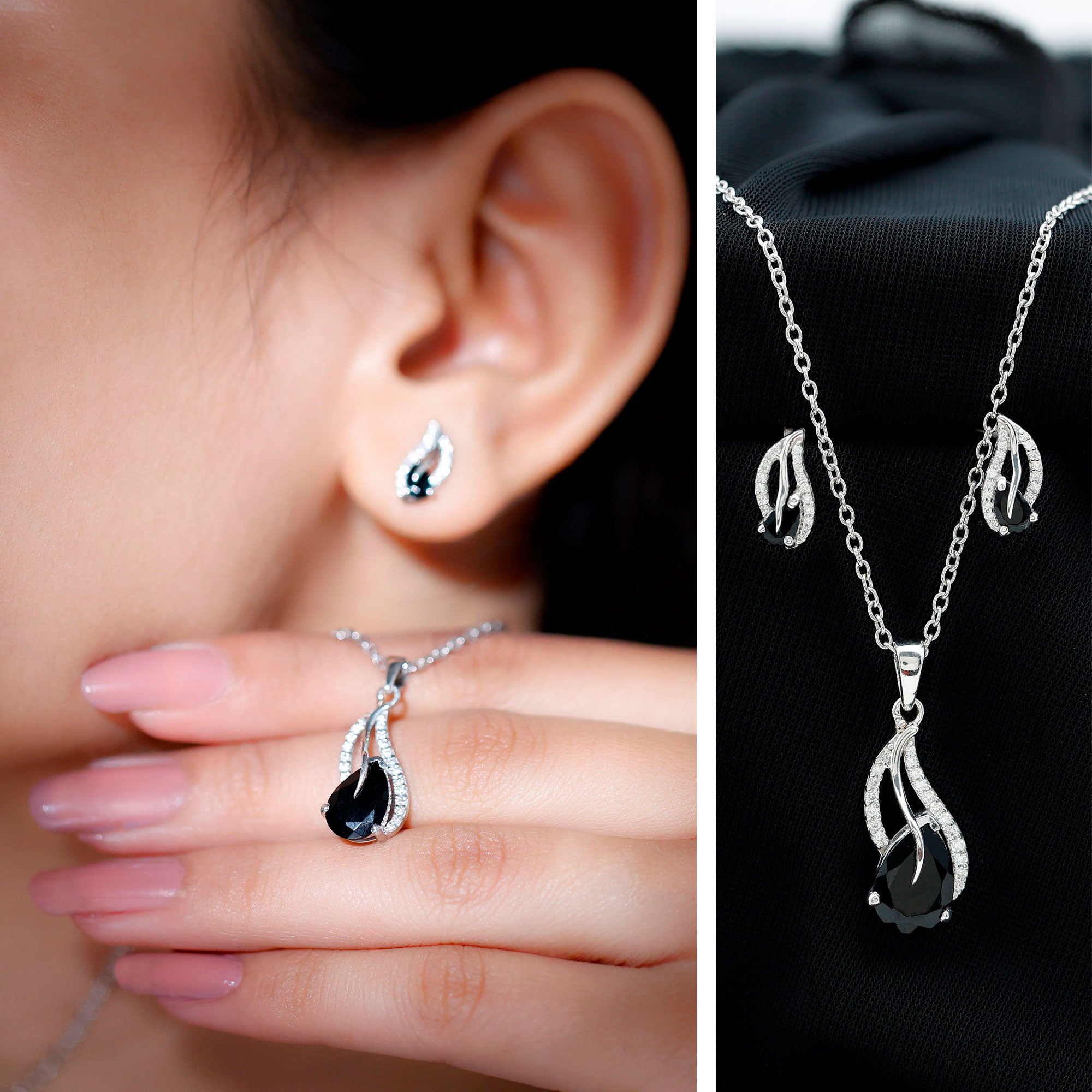 Real Black Onyx Earrings and Pendant Set with Moissanite AAA 92.5 Sterling Silver - Rosec Jewels