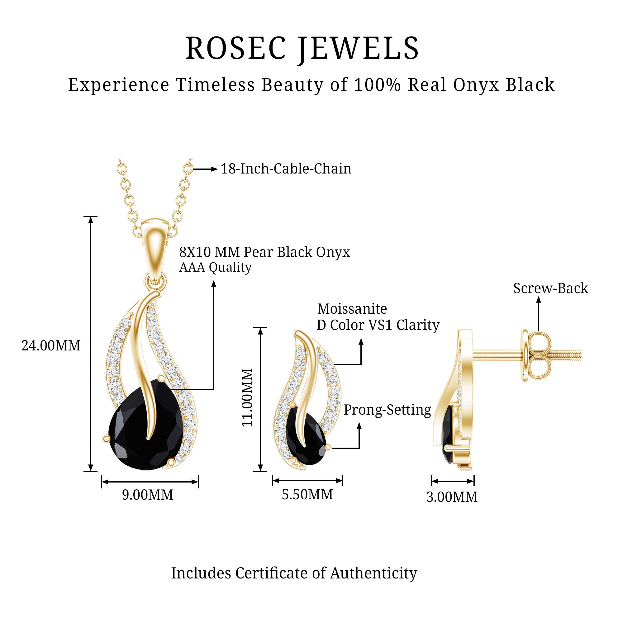 Pear Shaped Black Onyx Necklace and Earrings Set with Moissanite AAA - Rosec Jewels