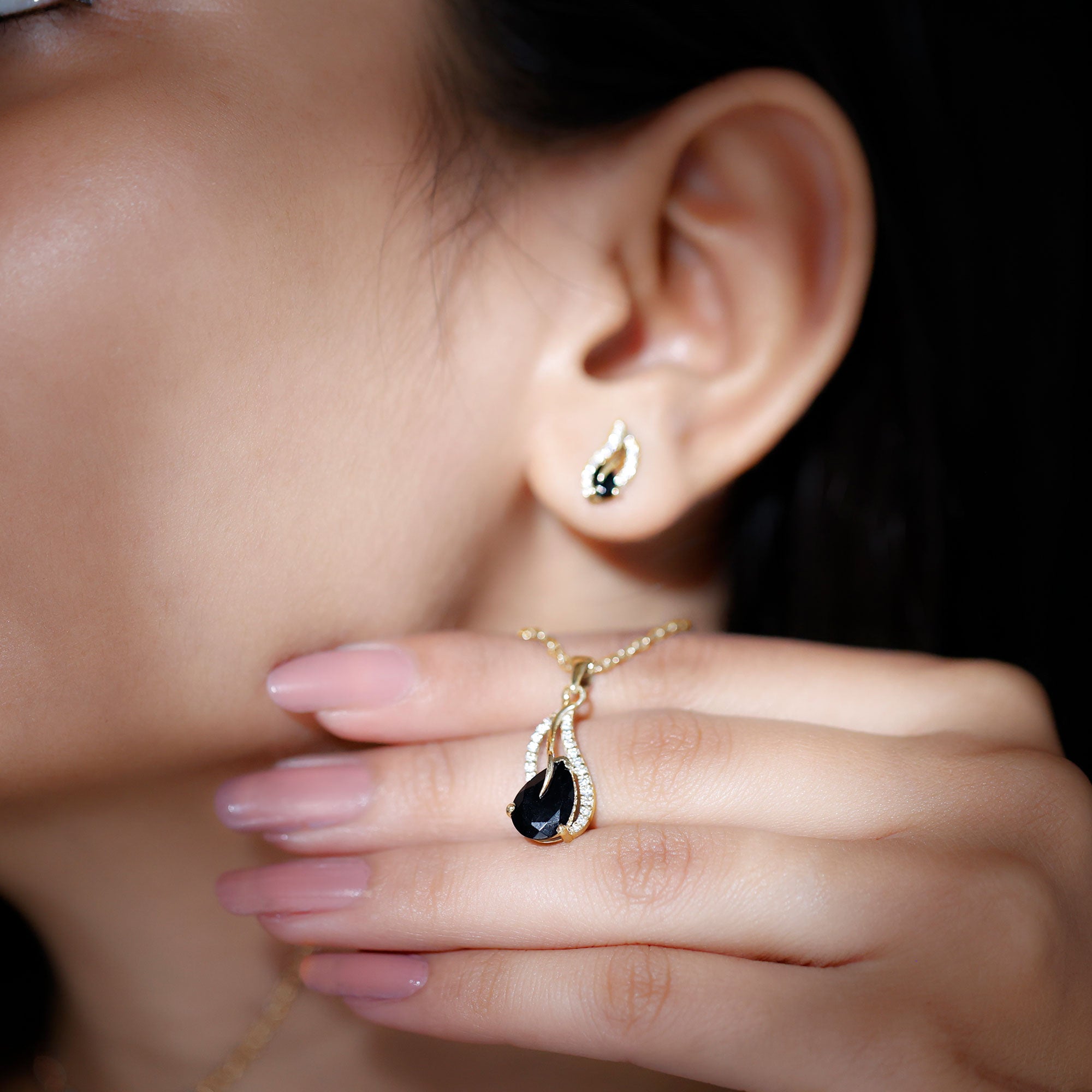 Pear Shaped Black Onyx Necklace and Earrings Set with Moissanite AAA - Rosec Jewels