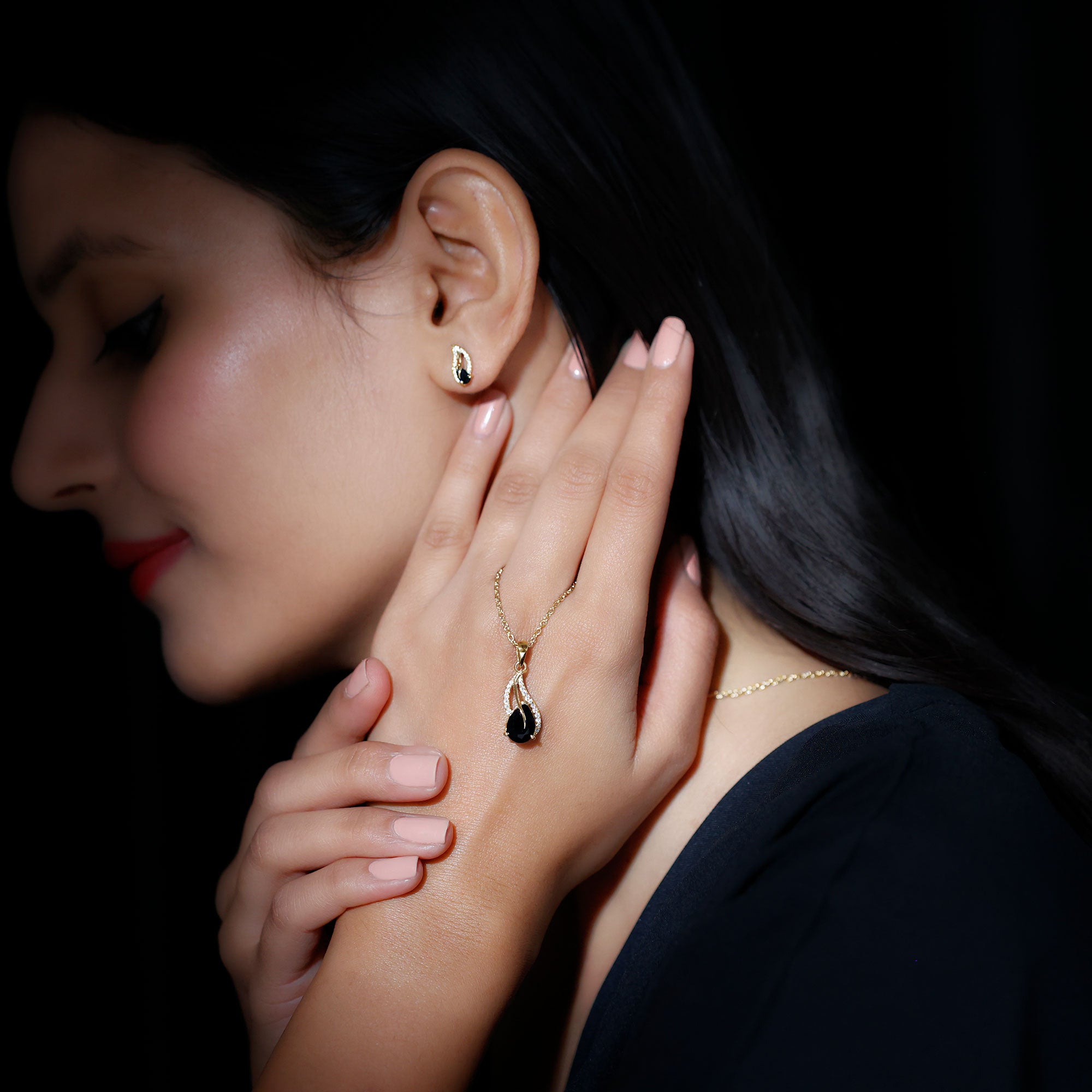 Pear Shaped Black Onyx Necklace and Earrings Set with Moissanite AAA - Rosec Jewels