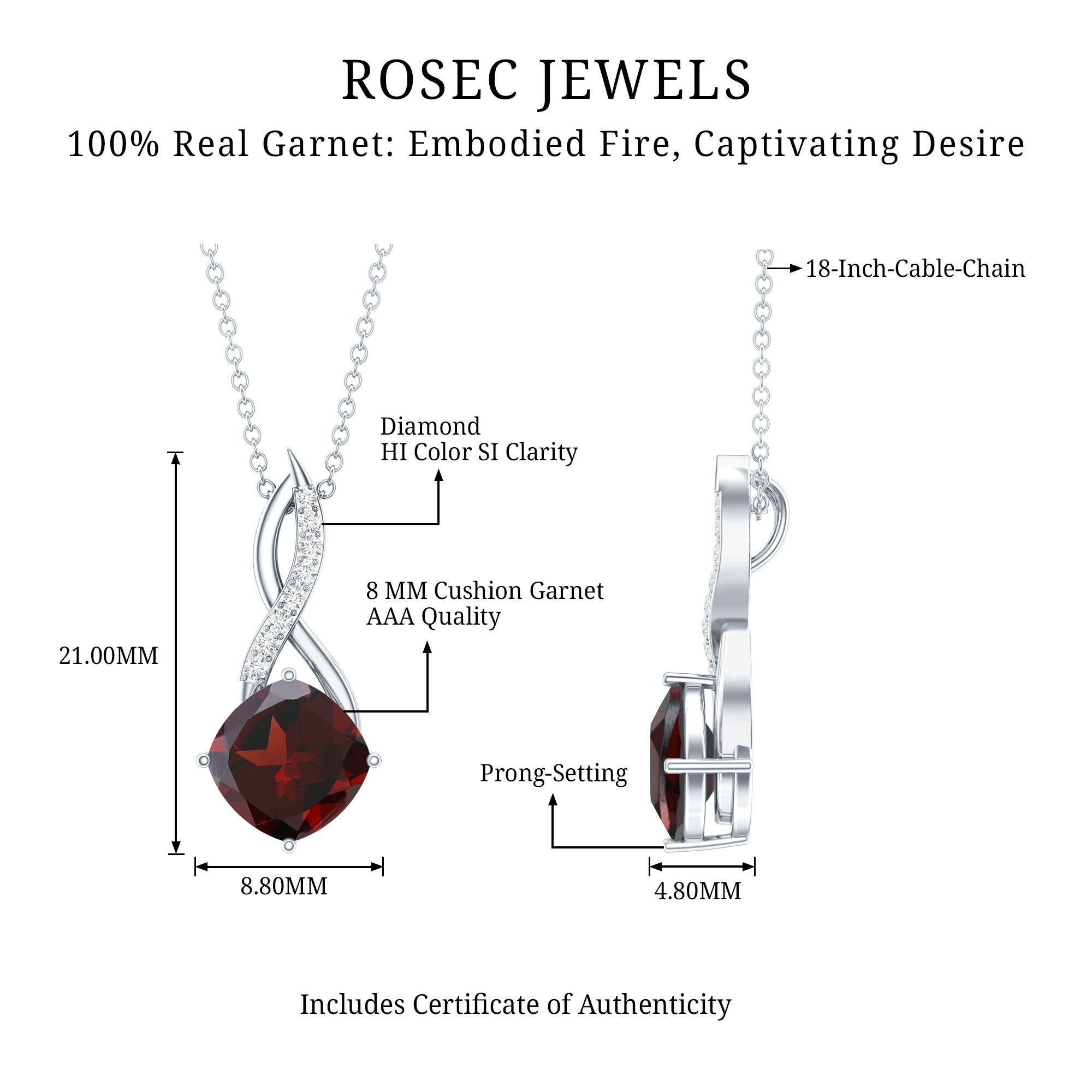 3.2 Carat Cushion Garnet Drop Infinity Necklace with Diamond AAA - Rosec Jewels