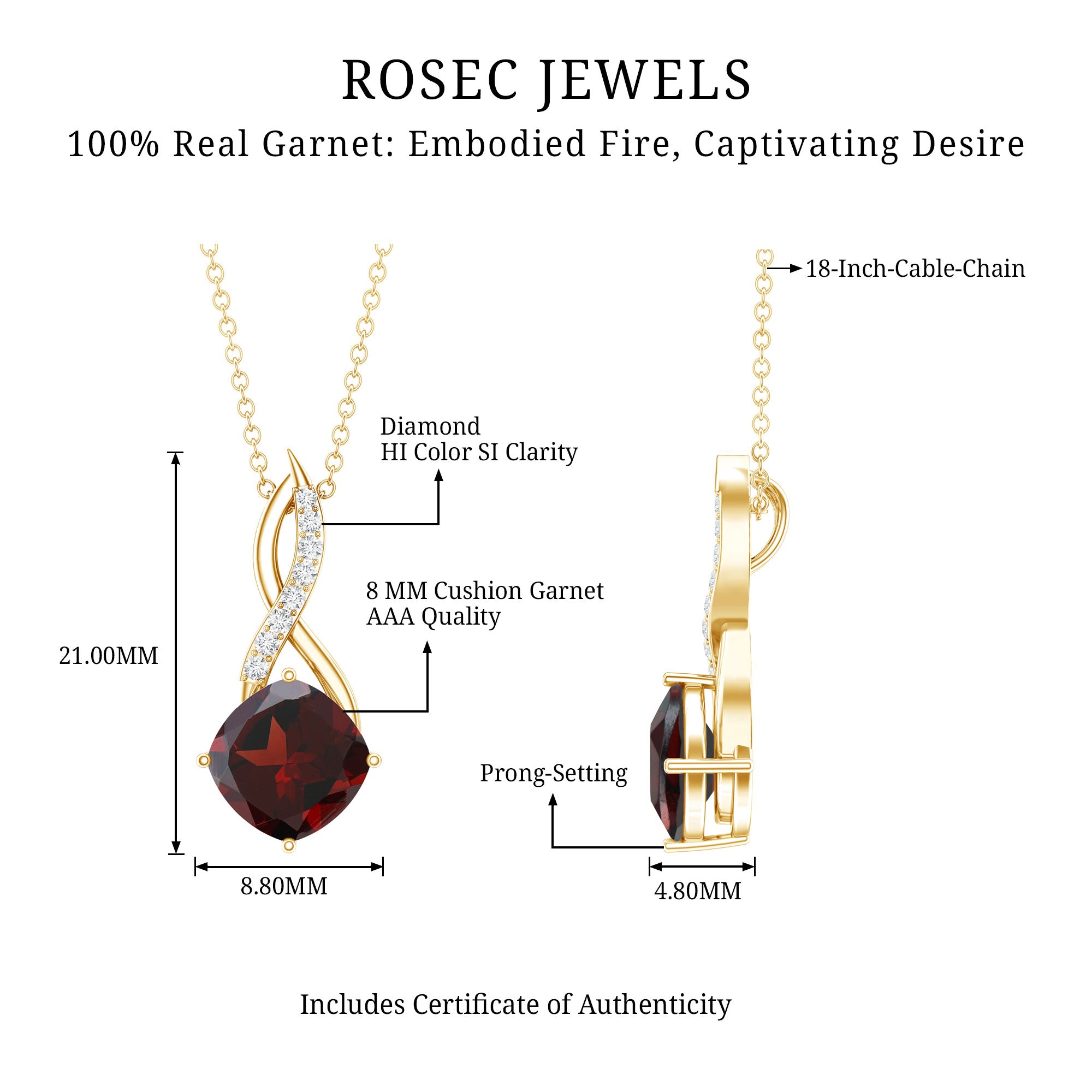 3.2 Carat Cushion Garnet Drop Infinity Necklace with Diamond AAA - Rosec Jewels