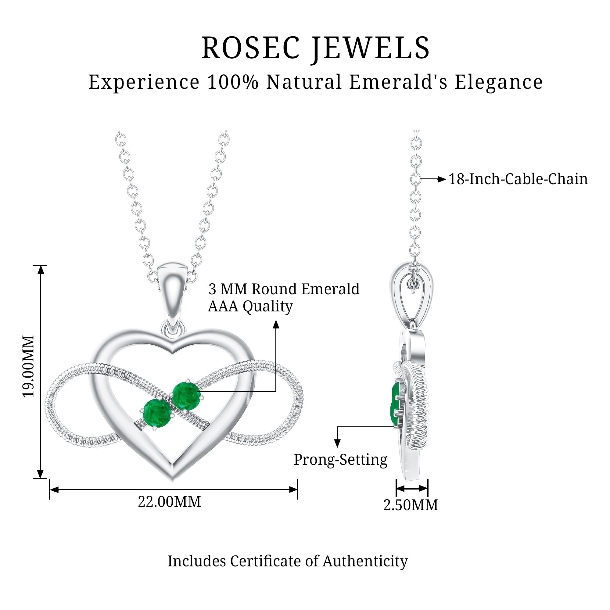 Heart Infinity Necklace with Real Emerald AAA - Rosec Jewels
