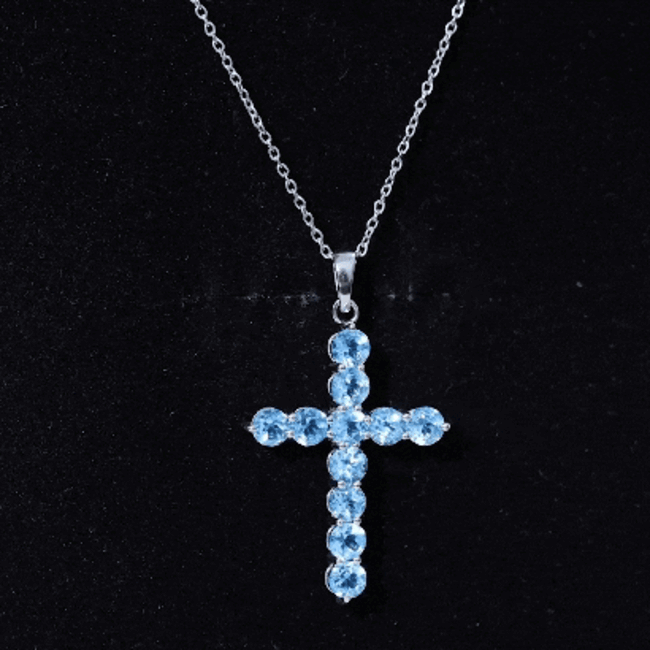 Natural Swiss Blue Topaz Cross Pendant Necklace with Silver Chain AAA 92.5 Sterling Silver - Rosec Jewels