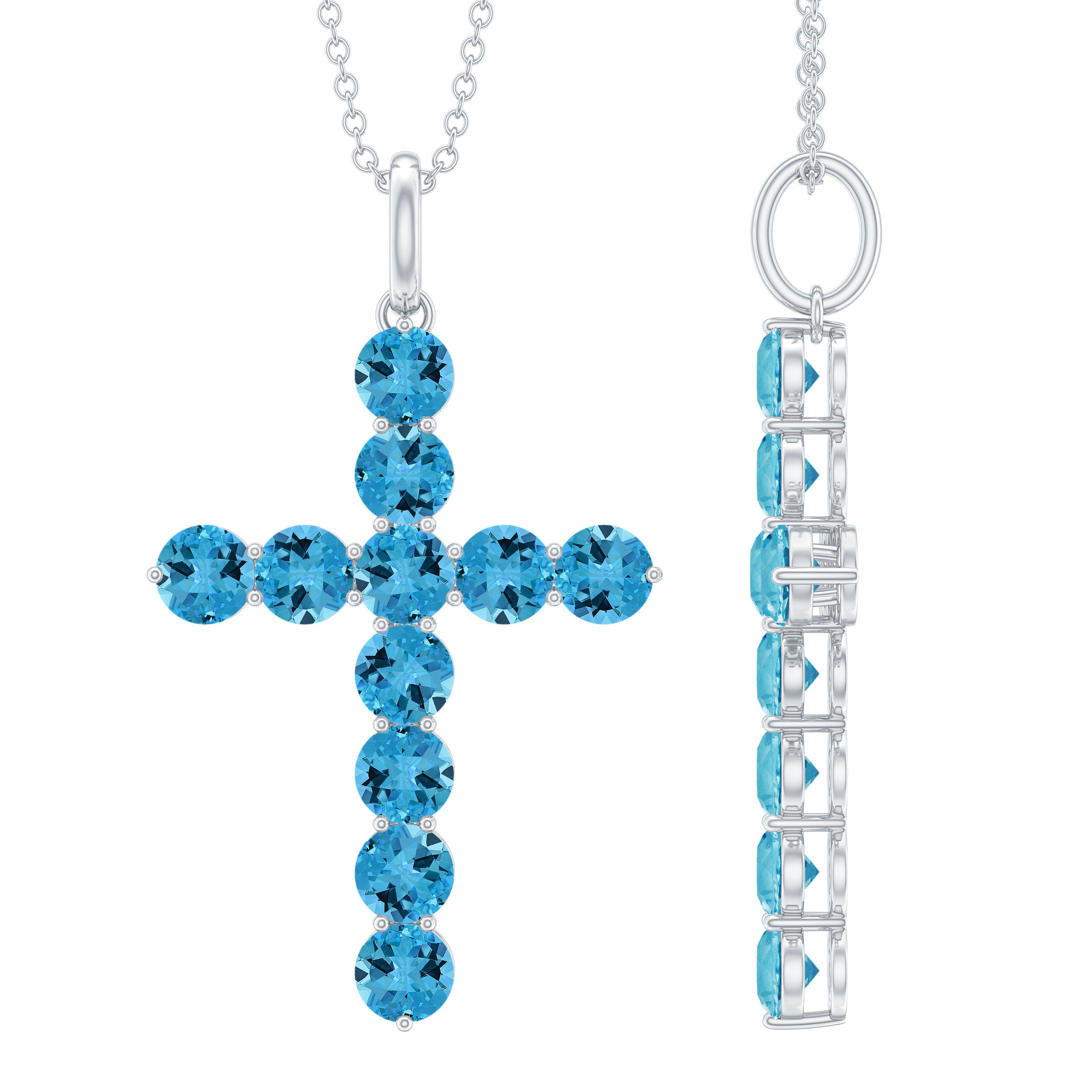 Natural Swiss Blue Topaz Cross Pendant Necklace with Silver Chain AAA 92.5 Sterling Silver - Rosec Jewels