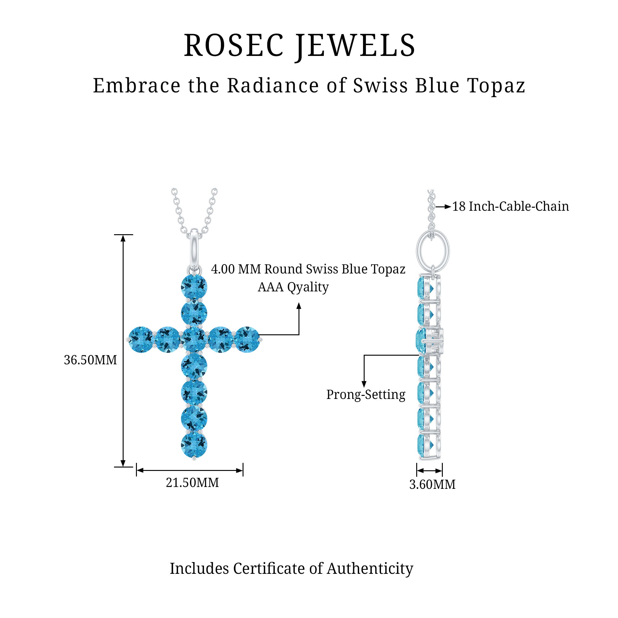 Natural Swiss Blue Topaz Cross Pendant Necklace with Silver Chain AAA 92.5 Sterling Silver - Rosec Jewels