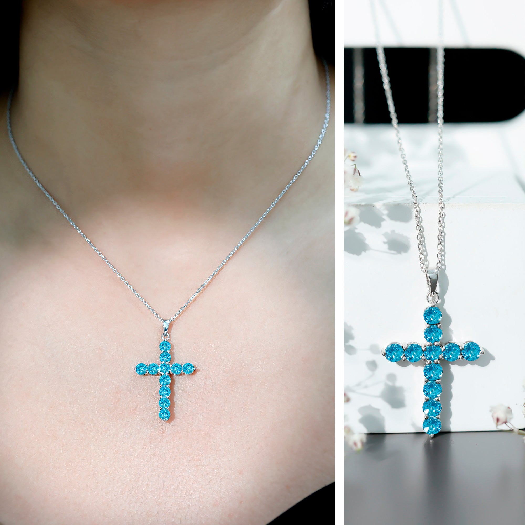 Natural Swiss Blue Topaz Cross Pendant Necklace with Silver Chain AAA 92.5 Sterling Silver - Rosec Jewels