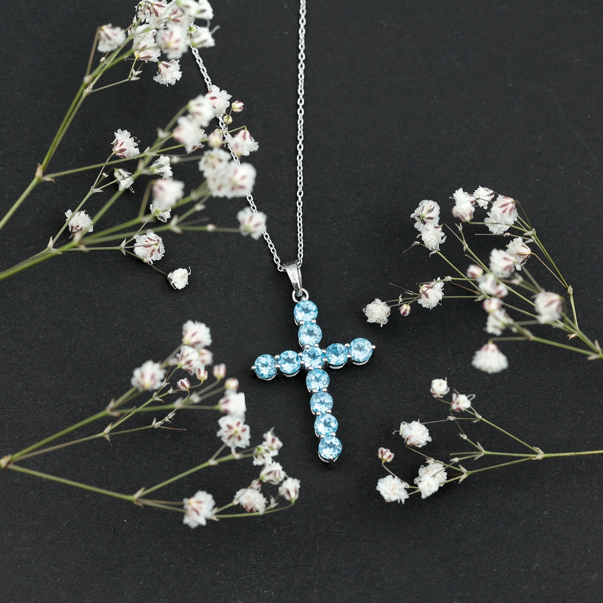 Natural Swiss Blue Topaz Cross Pendant Necklace with Silver Chain AAA 92.5 Sterling Silver - Rosec Jewels