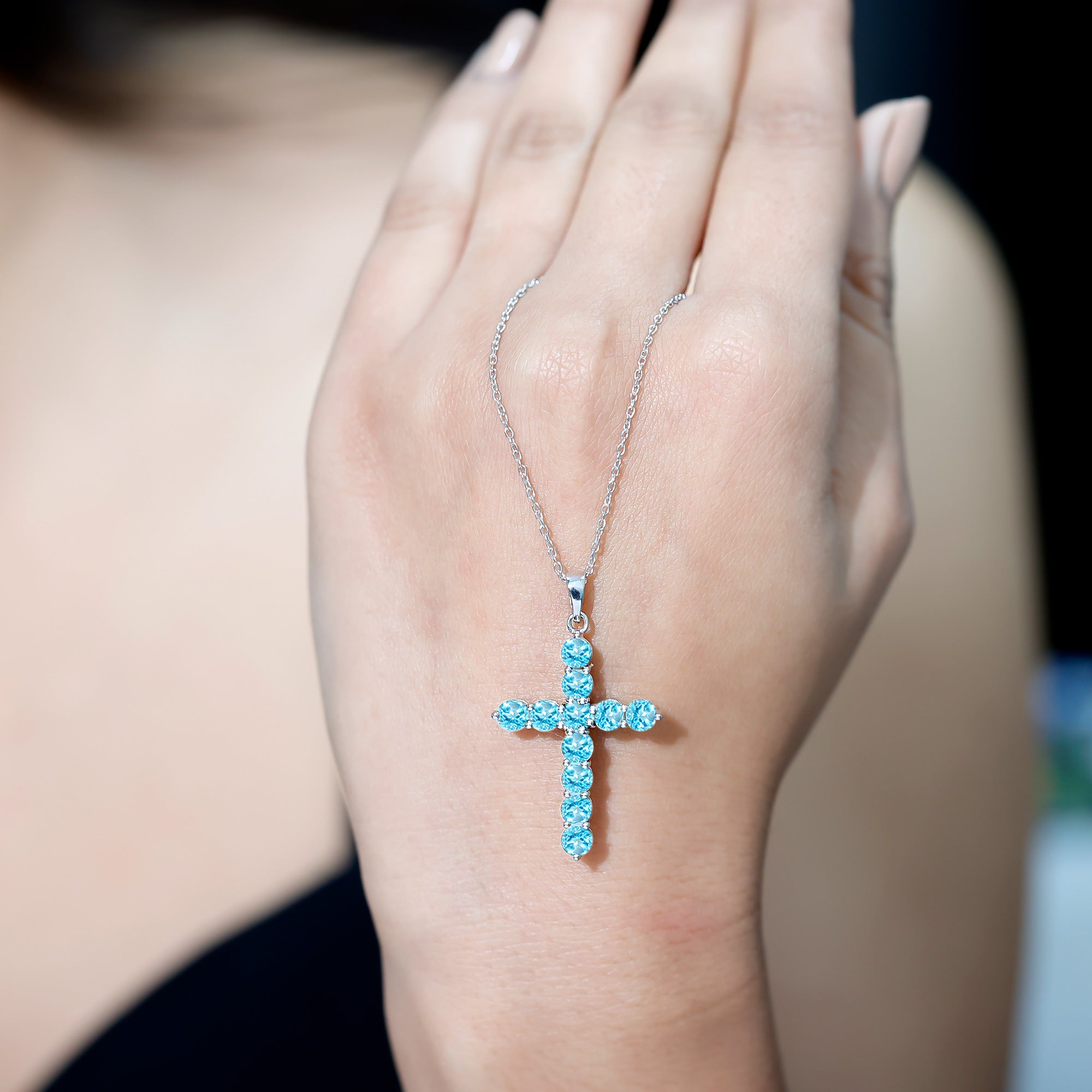 Natural Swiss Blue Topaz Cross Pendant Necklace with Silver Chain AAA 92.5 Sterling Silver - Rosec Jewels