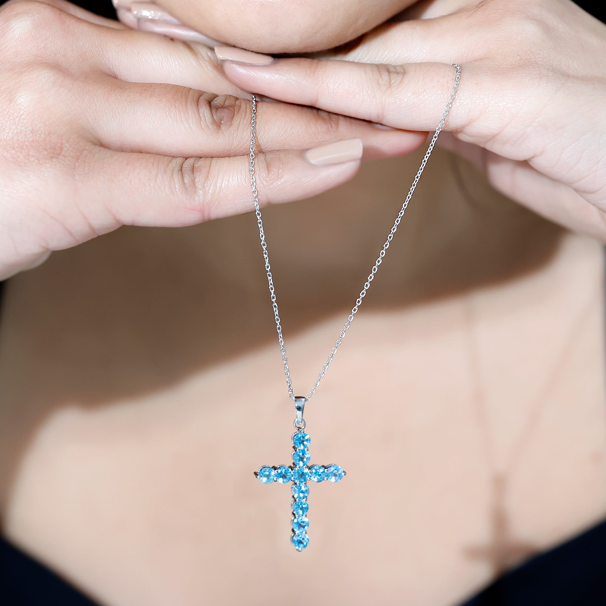 Natural Swiss Blue Topaz Cross Pendant Necklace with Silver Chain AAA 92.5 Sterling Silver - Rosec Jewels