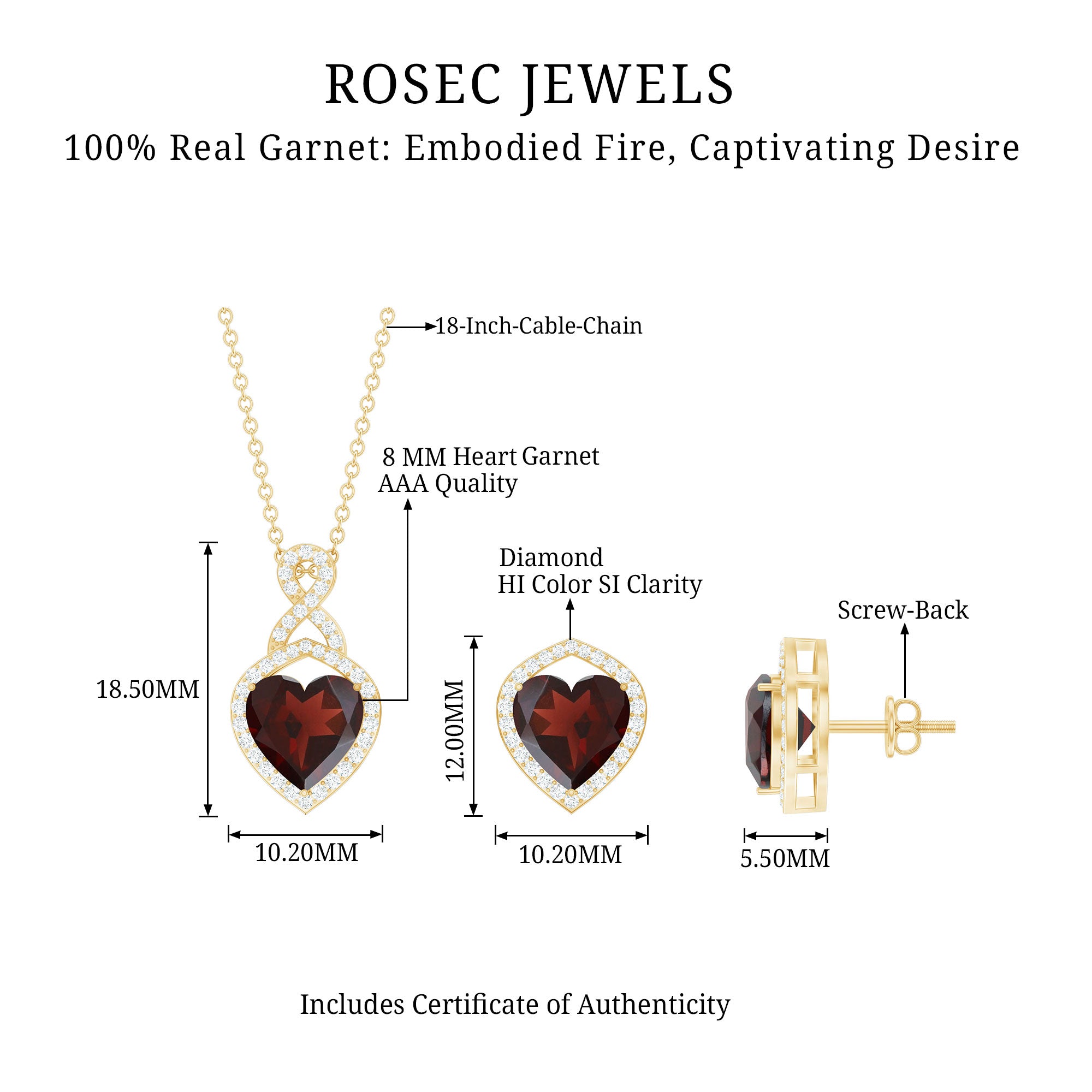 Real Garnet and Diamond Infinity Heart Jewelry Set AAA - Rosec Jewels