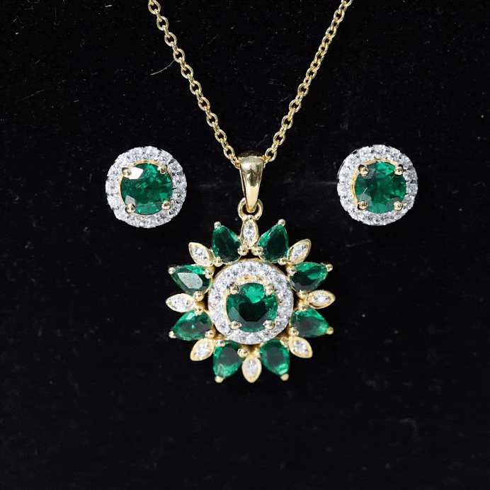 Lab Created Emerald and Moissanite Flower Jewelry Set AAAA - Rosec Jewels